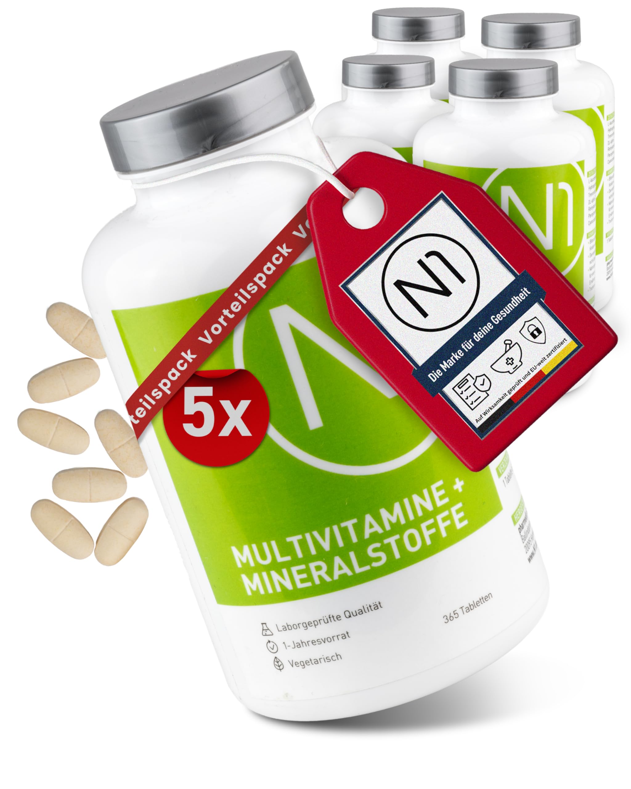 N1 Multivitamin Tabletten hochdosiert - Alle Vitamine + Mineralien - 5x365 Tabl. Jahresvorrat - vegetarisch - Nahrungsergänzungsmittel