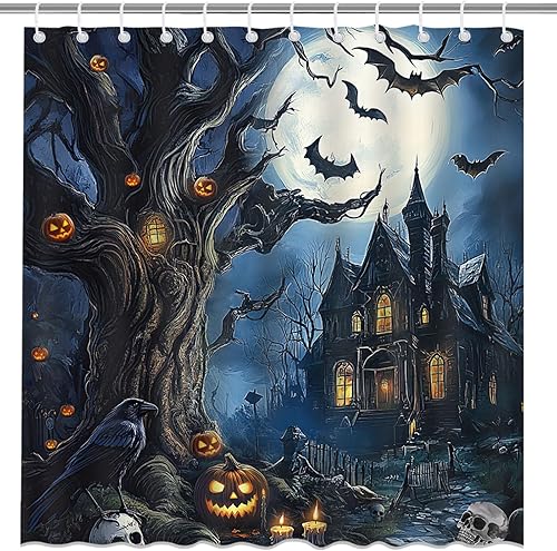 Miniatura 7 de Mocsicka Cortina de ducha de castillo de Halloween, noche aterradora, luna llena, castillo de terror, casa embrujada, cortina de ducha de tela