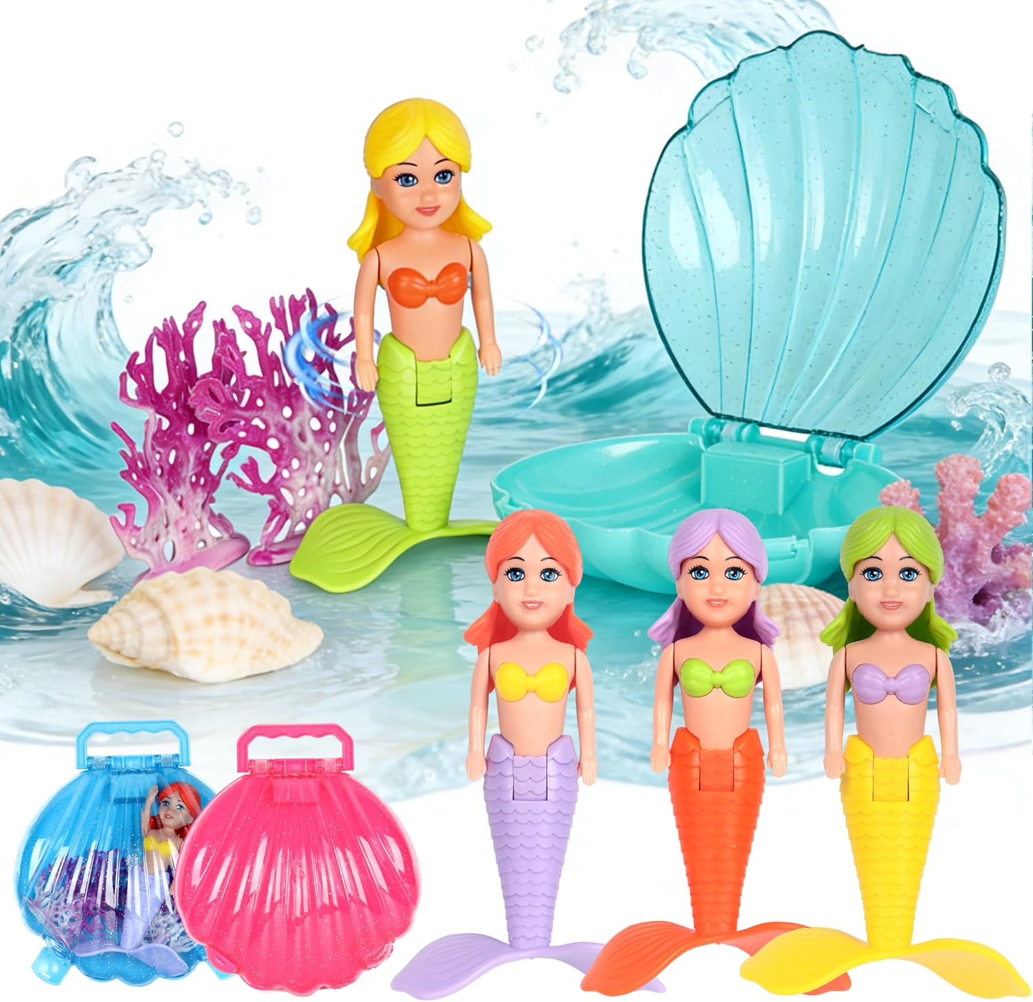 Dive Toys for Kids Pool Swimming Underwater Diving Game Set, Mermaid Dive Figures with Shell Storage, Summer Water Play Toys for Boys Girls Age 3+, Great for Pool Party Beach Bath (Green)