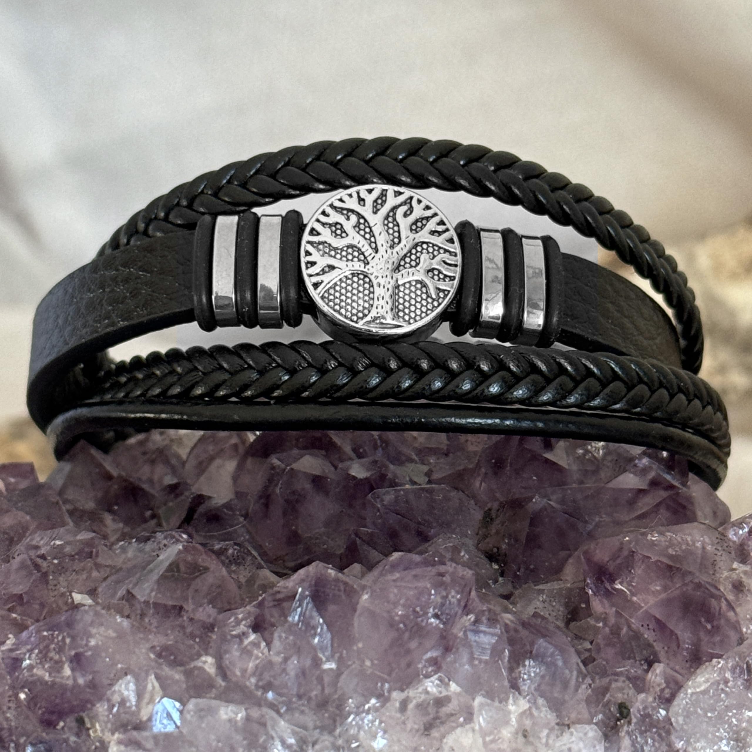 Simboliks Pulsera Árbol de la Vida para Hombre, Amuleto Celta de Protección en Cuero y Acero Inoxidable, Pulsera Celta, Joyería Masculina, Regalo para Hombre Druida, Pulsera Unisex, 21 cm