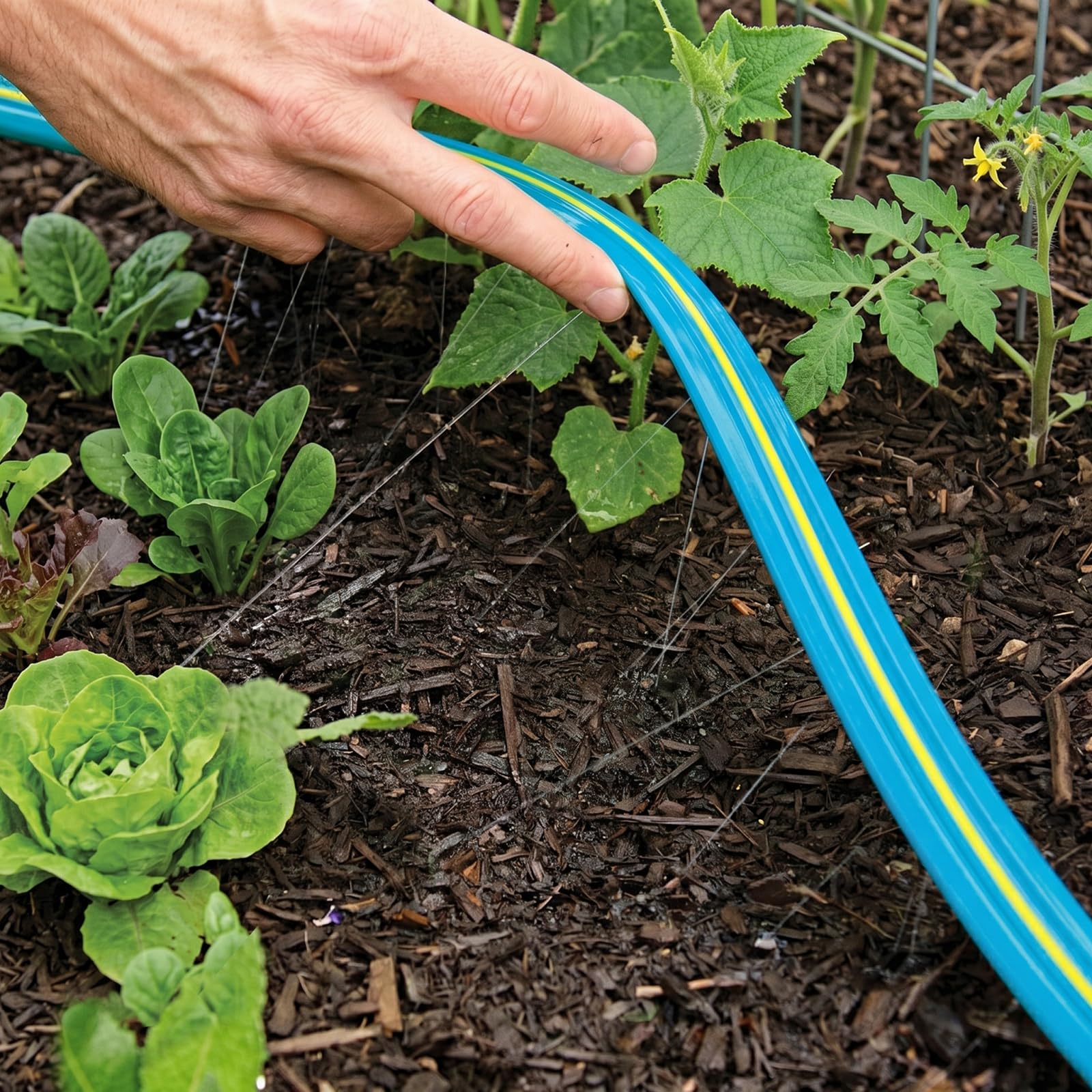 Winisok Manguera de riego de aspersor – Manguera de aspersor resistente, manguera de agua de ahorro eficiente para sistema de riego de césped de jardín (50 pies y 20 grapas de paisaje)