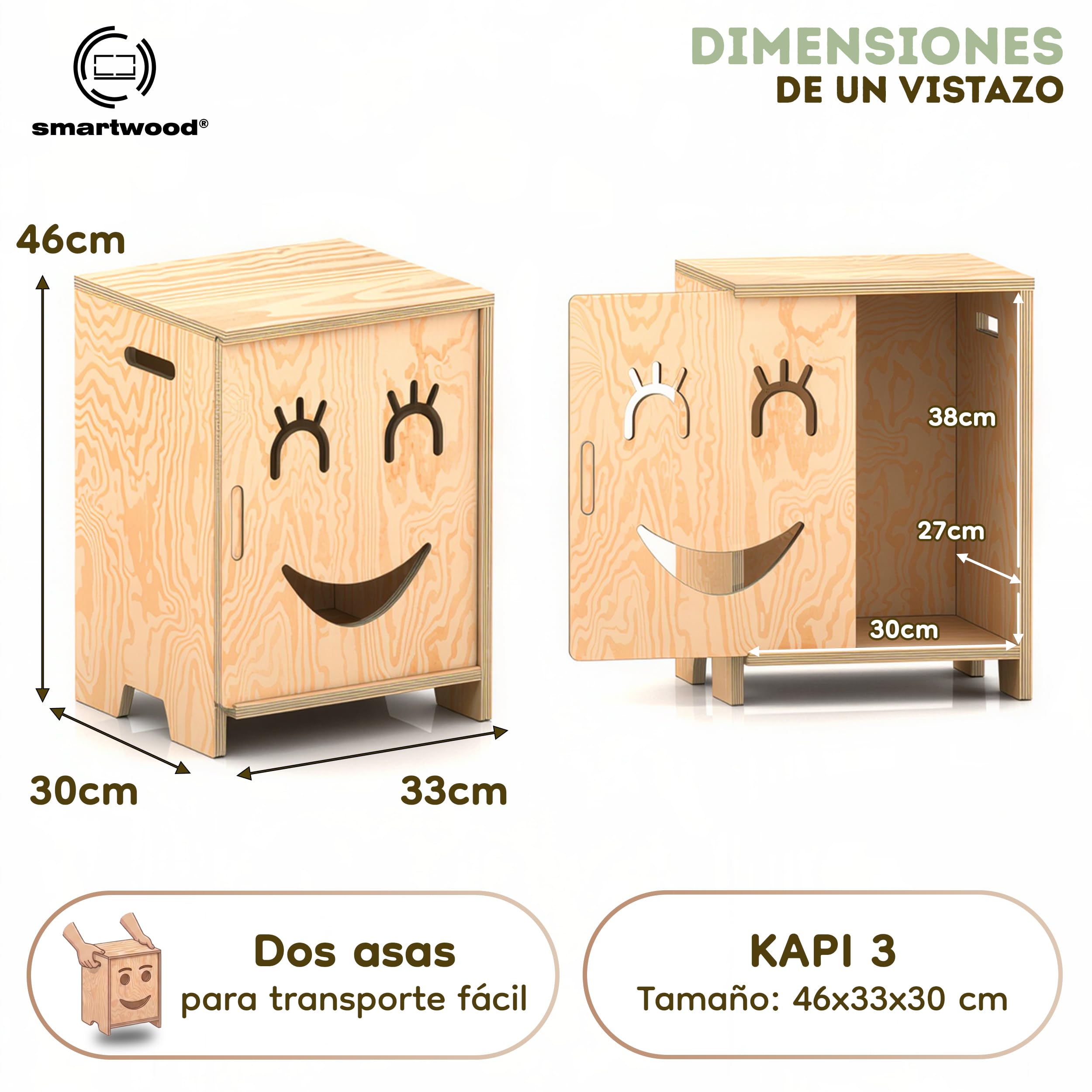 smartwood Mesita de Noche Infantil - Mesilla Montessori de Madera Contrachapada de Pino Certificada FSC - Diseño Apto para Niños, Estructura Estable y Montaje Fácil - KAPI 3P