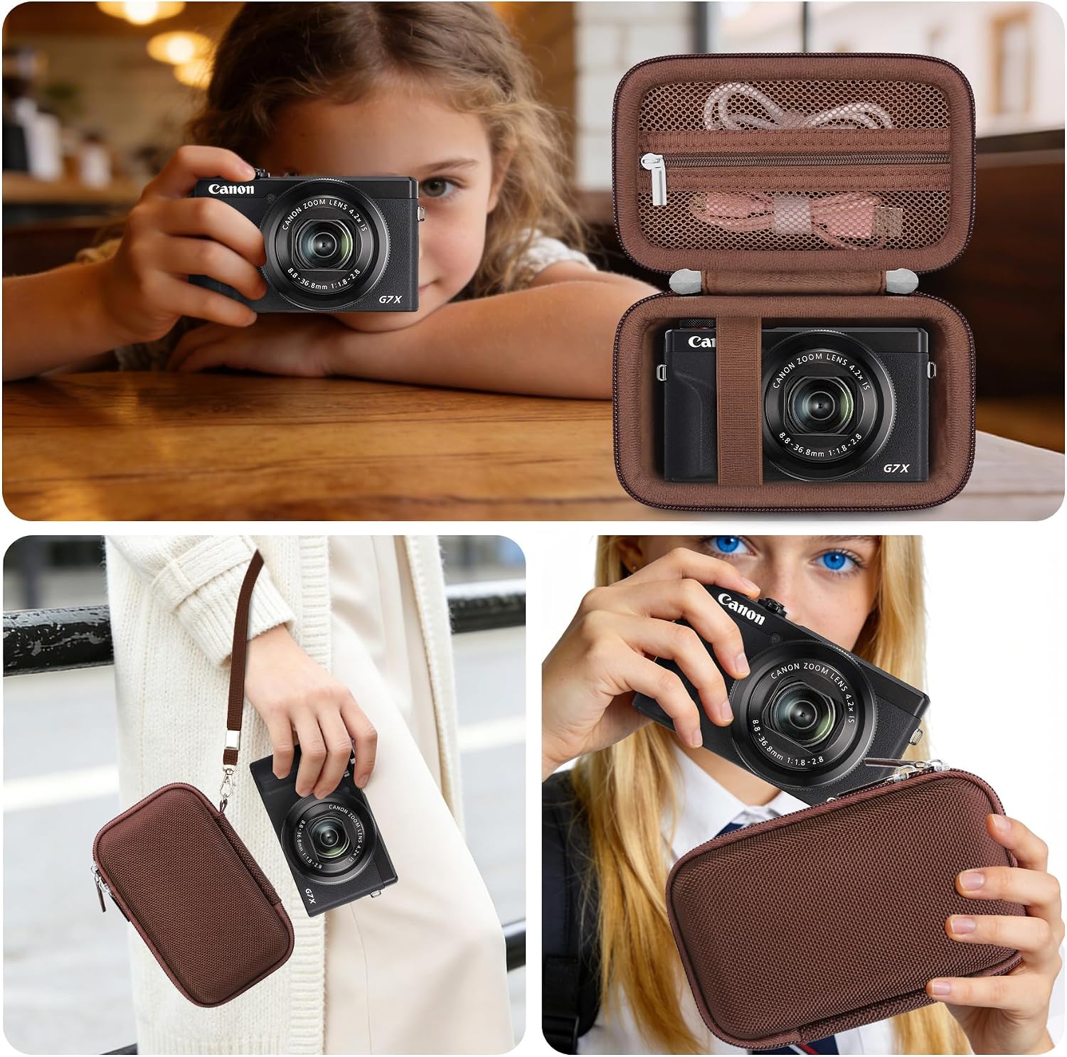 Elonbo Camera Case for Canon PowerShot G7 X Mark III/ G7 X Mark II/Canon Powershot SX740 HS/ SX730 HS/ SX720 HS Digital Camera, Carrying Case with Extra Mesh Pocket fits Cables Battery, Brown
