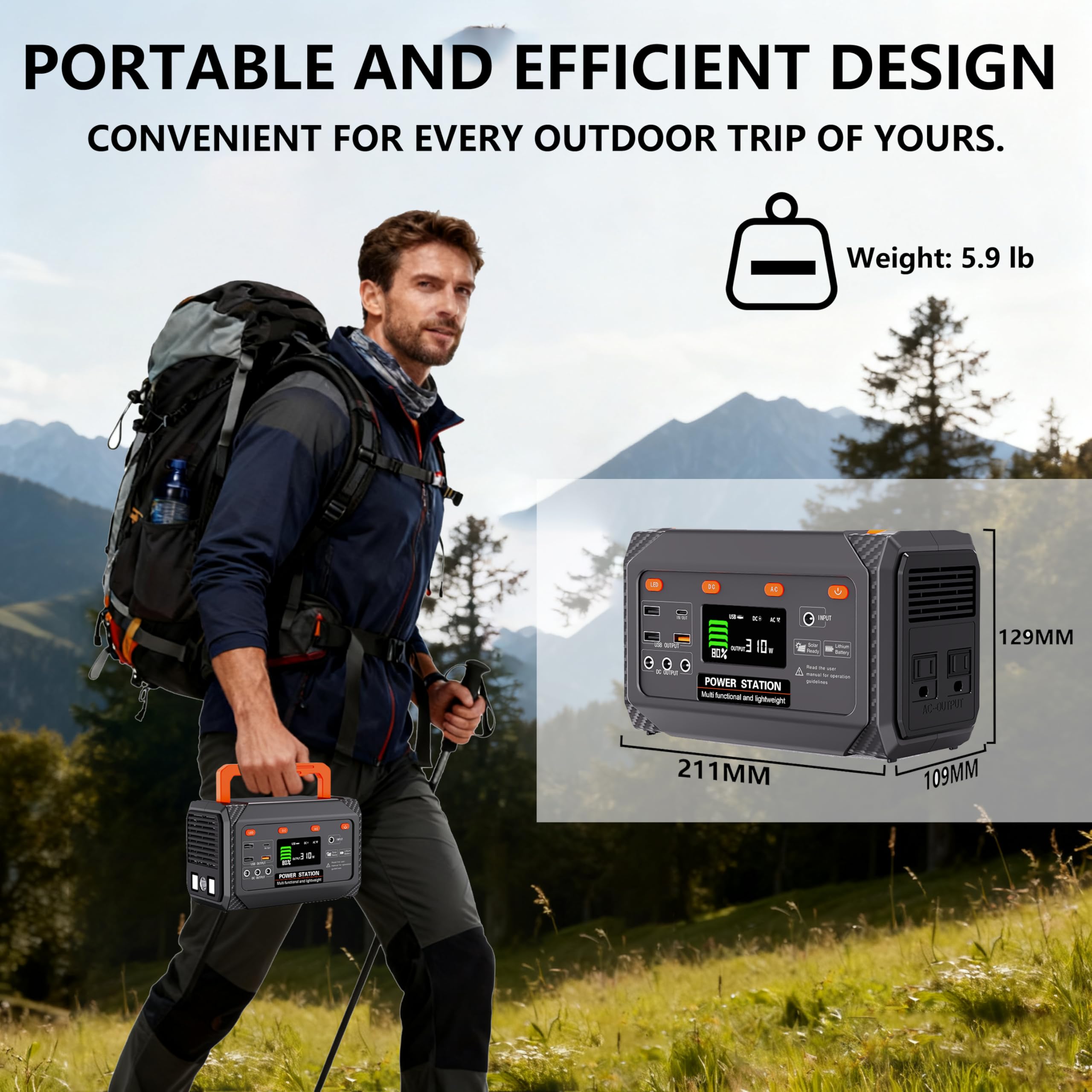 Stazione di alimentazione portatile da 300 W, batteria al litio da 270 W, generatore solare con 2 uscite CA, USB-C PD da 45 W, batteria a ricarica rapida per uso domestico, campeggio