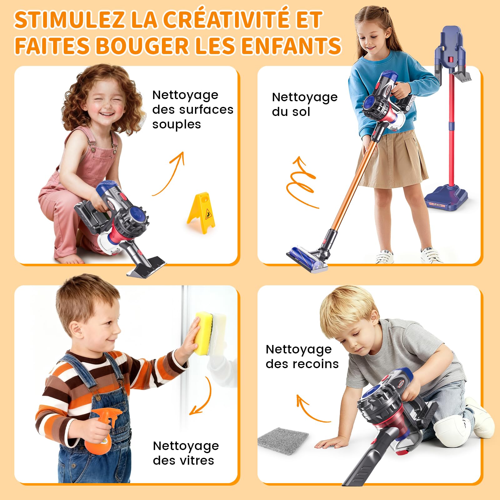 Aspirateur Électrique Jouet, 3-en-1Aspirateur Enfant Fonctionnel, Kit Menage Vrai Aspirateur Enfant, Jouet Éducatif pour Cadeau pour Garçons et Filles de 3 à 6 Ans
