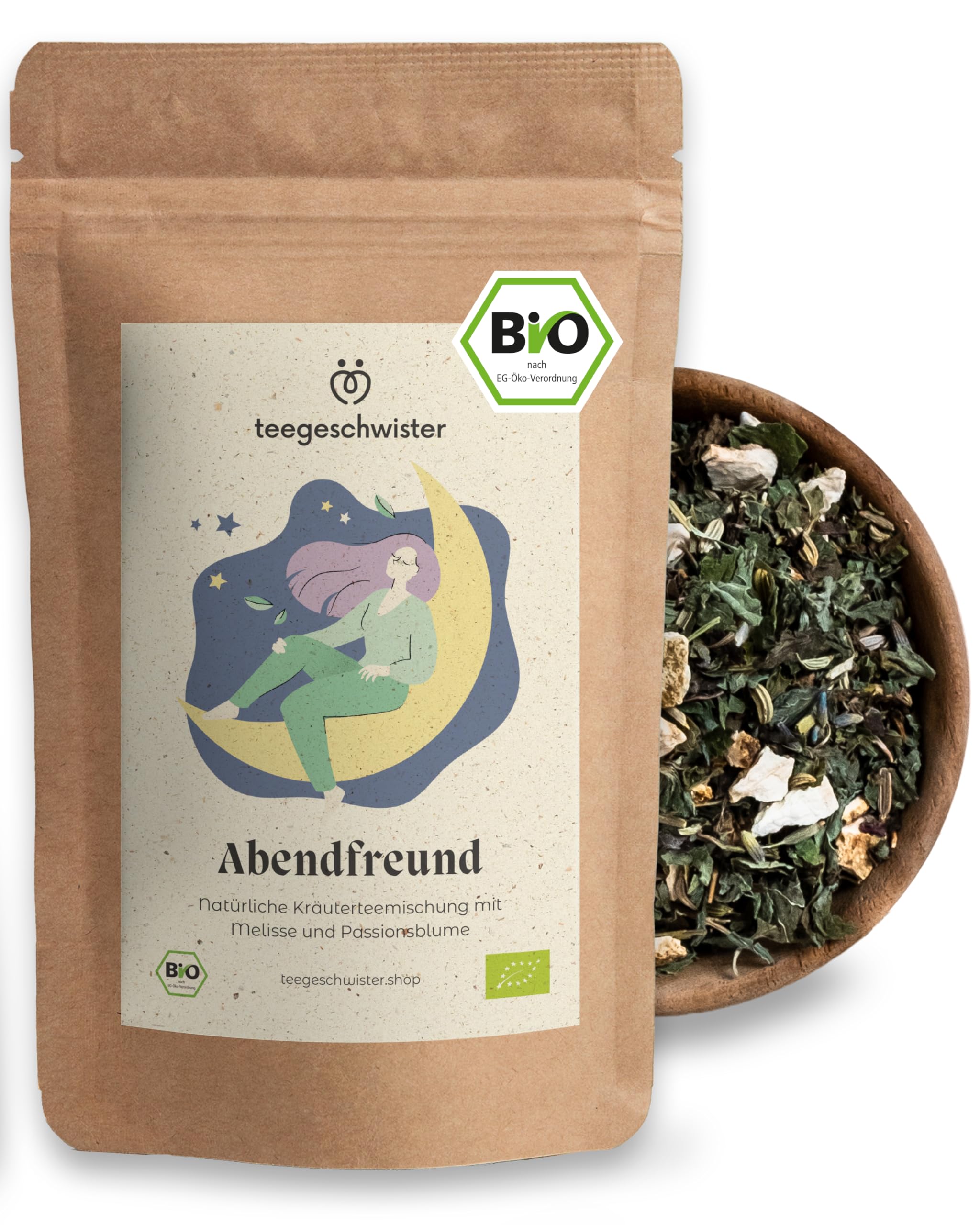BIO Abendtee | Loser Kräuter-Tee für deine Auszeit am Abend | Natürlicher Melissentee mit Baldrian, Lavendel und Passionsblume | 85g loser Bio Tee | teegeschwister