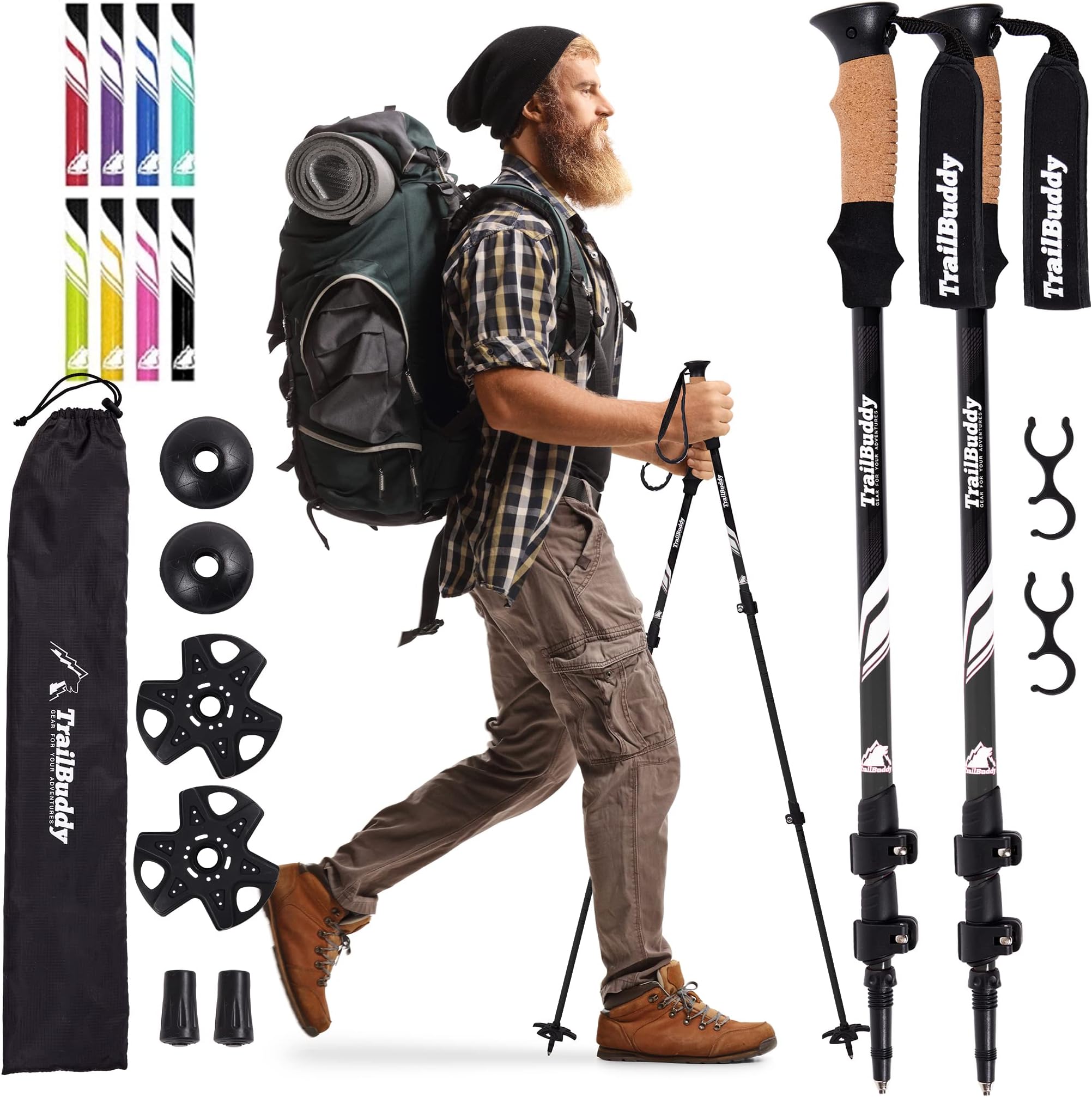 TrailBuddy Walking Poles - Pack of 2 Lightweight, Adjustable Trekking Poles for Hiking, Camping & Backpacking - Walking Sticks w/Cork Grip and Padded Strap