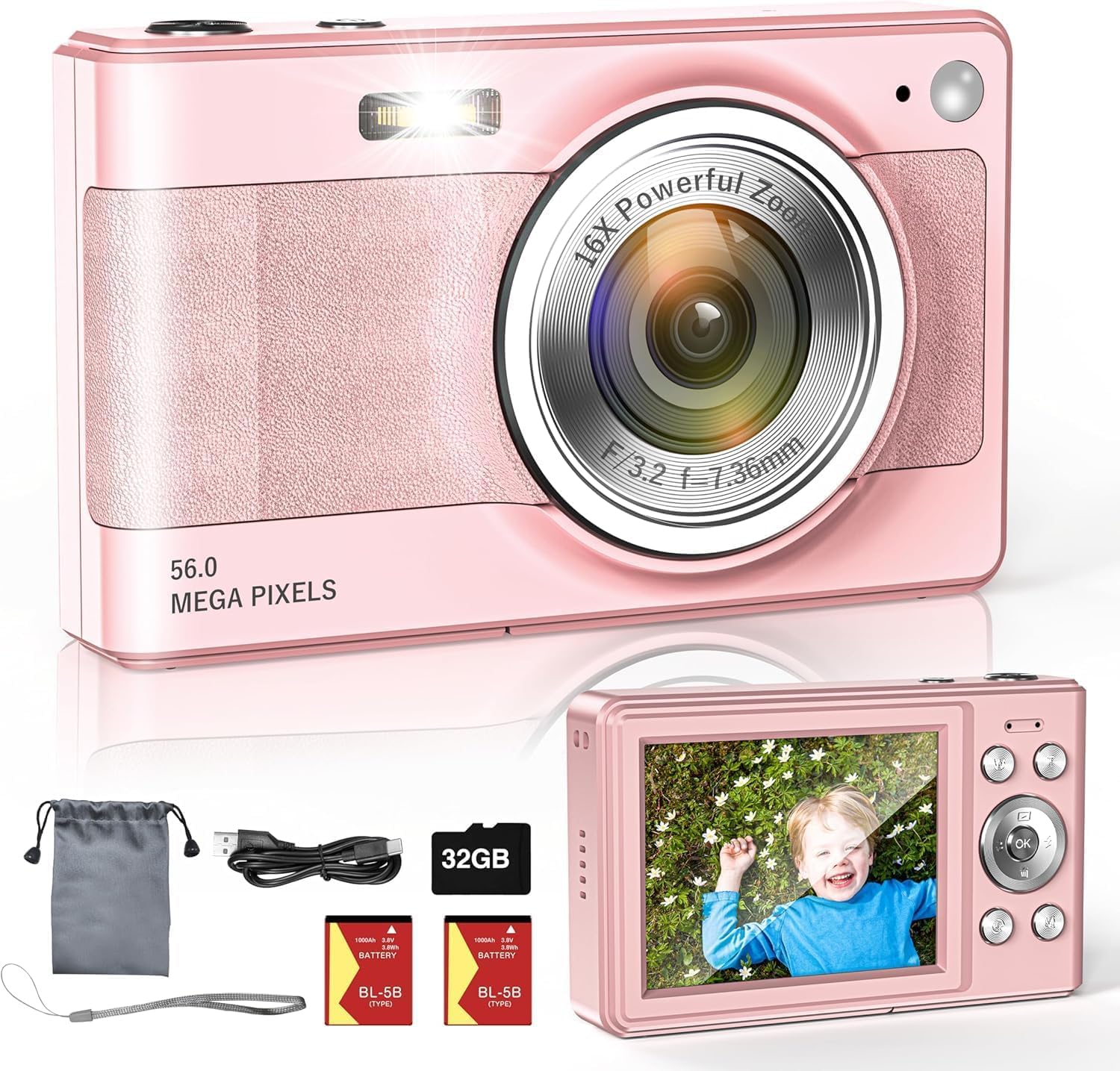 Digital Camera,56MP FHD 1080P Camera for Kids, Point and Shoot with 16X Zoom Anti Shake, Kid Camera with 32GB TF Card, Two Batteries, Lanyard, Compact Portable for Kids Teens Beginners-Pink