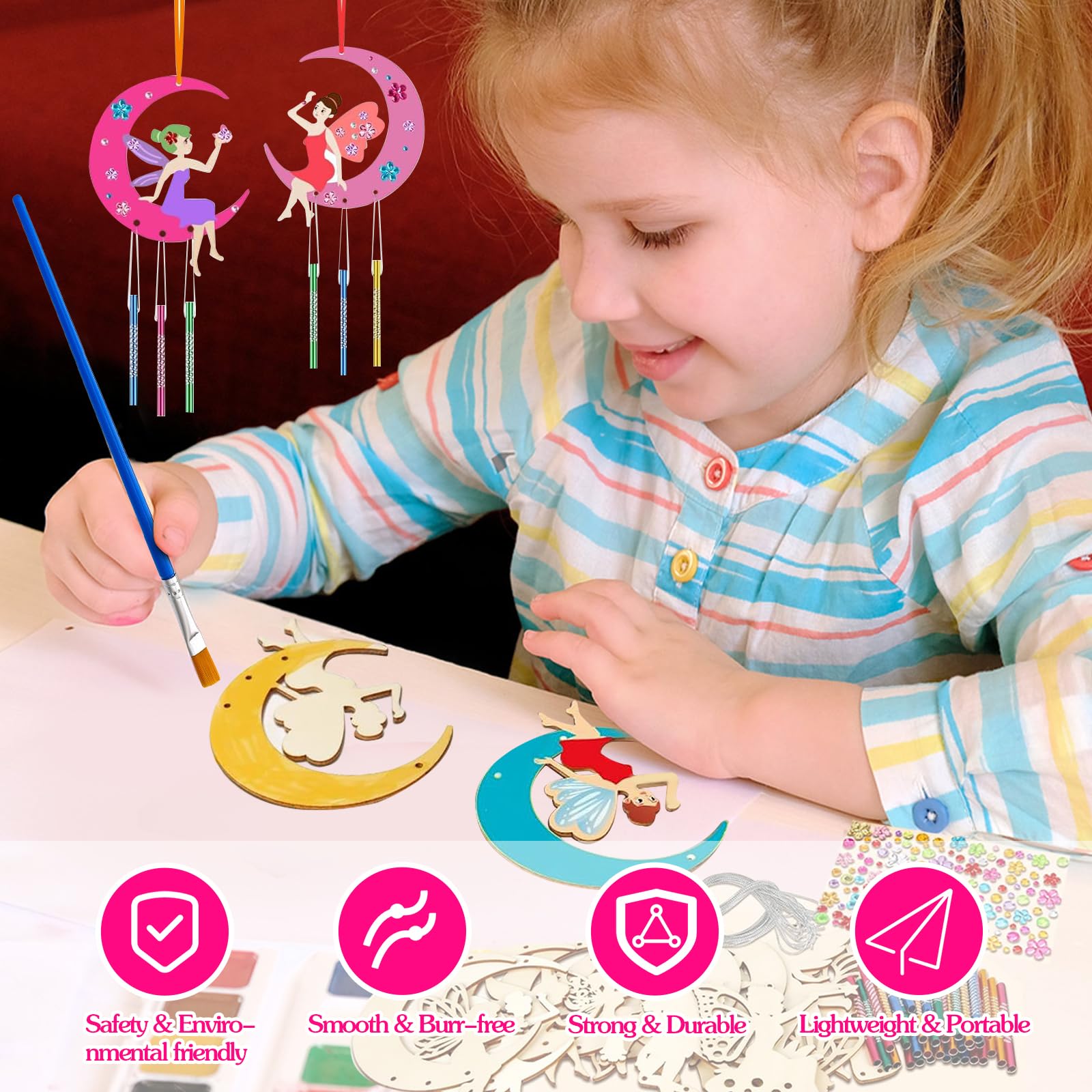 12Pcs Wind Chimes Craft Set, Fairy Painting Wooden Wind Chime, Wind Chimes Painting Kit, DIY Wooden Wind Chime Crafts, Make Your Own Fairy Wind Chime Kit, Fairy Windchimes Crafts Kit for Girls Boys - Image 4