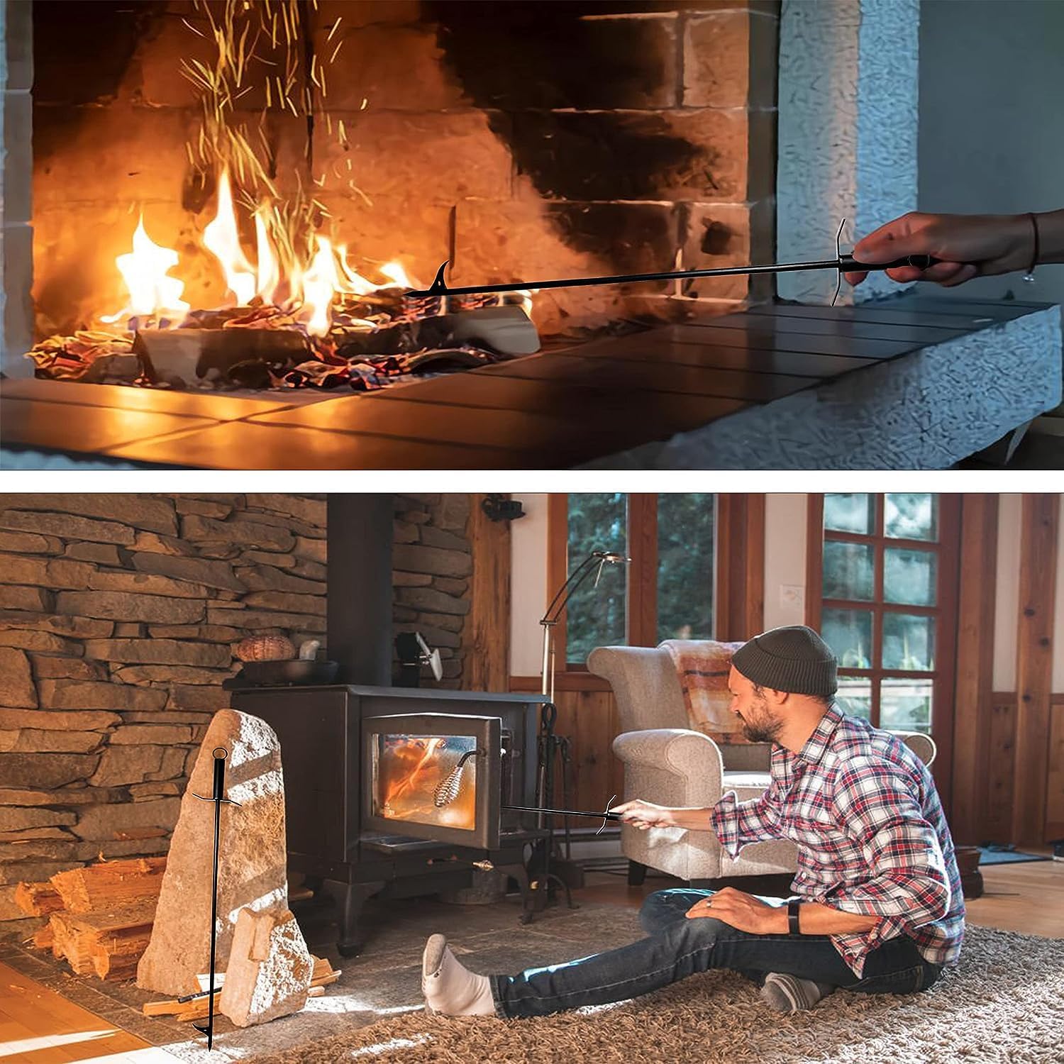 FEBTECH - Firepit Poker - 36 Inch Long Poker - Black Powder Coated Fireplace Poker - Camping Essentials & Fireplace Tools - Firepit Poker for Outside pits & Indoor Hearth