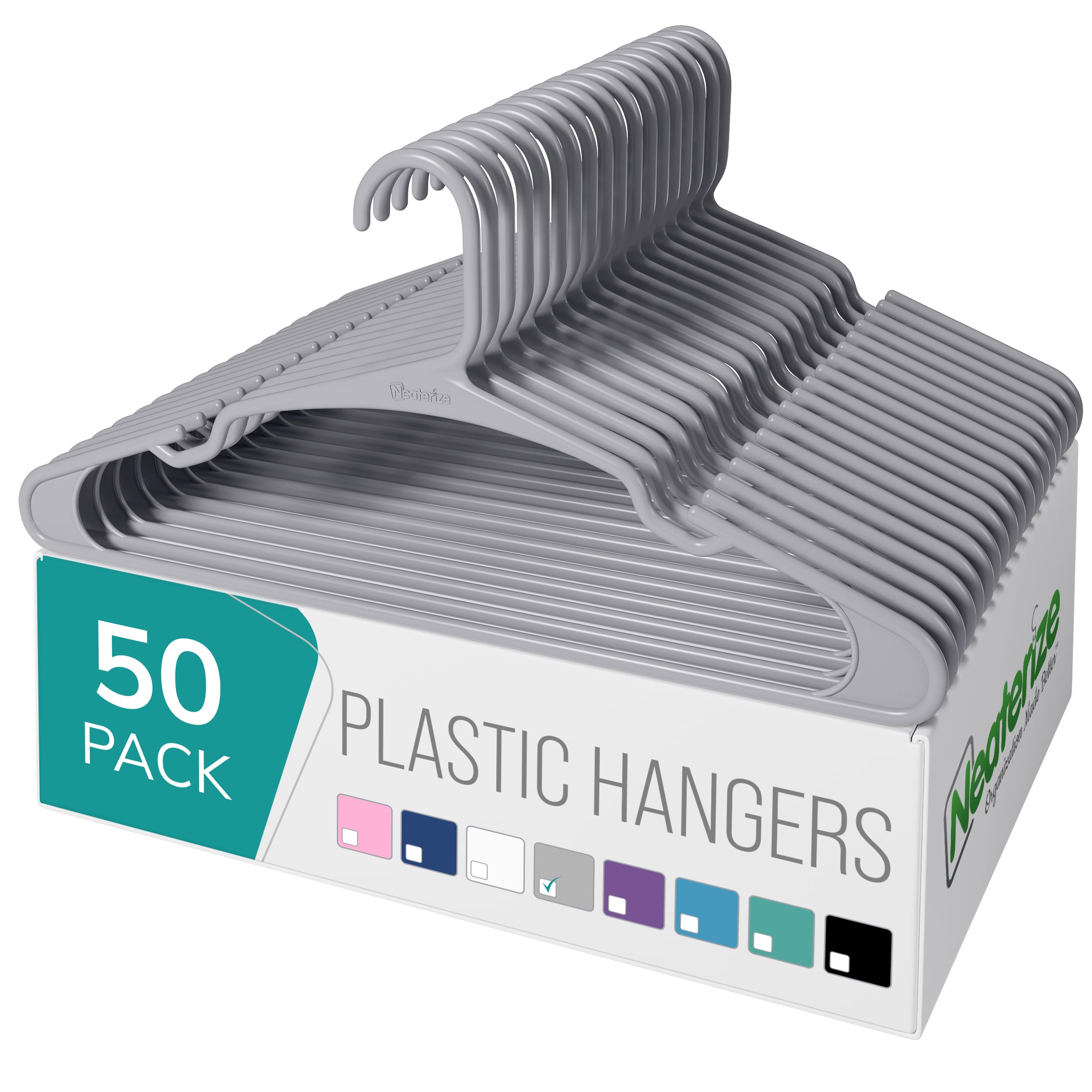 NEATERIZE Clothes Hangers Plastic 50 Pack for Adults - Plastic Hangers, The Perfect Coat Hanger and Space Saving Clothes Hangers for Closet, Percheros Ganchos para Colgar Ropa Hangars - Grey Hangers Gray 50