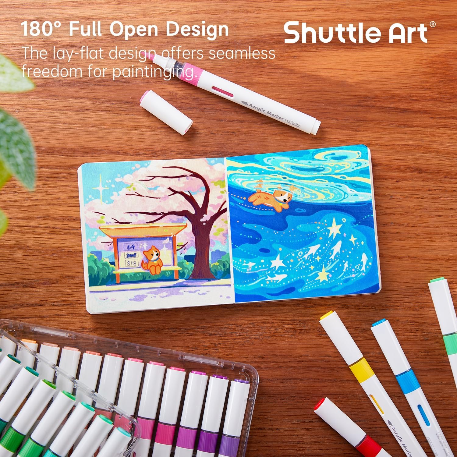 Shuttle Art Acrylic Paint Markers and Marker Journal Set, 36 Colors Automatic Ink Control Acrylic Paint Markers + 3.94x3.94 Watercolor Journal Set