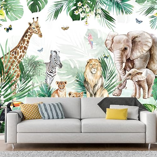 Miniatura 3 de Bormia Papel tapiz infantil con estampado de elefante, animales de la selva, león, cebra, tigre, para habitación de los niños, habitación del bebé