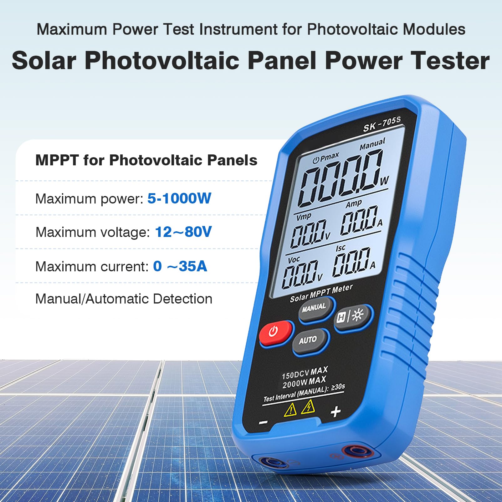 PV Messgerät, 2000 W SK-705S Solarpanel tester Solar MPPT Leistungstester für Photovoltaikmodule,nicht höher als DC 150V 35A, Leerlaufspannungs Fehlerbehebung mit 3,2" LCD-Display, Voc Isc Vmp Pmax