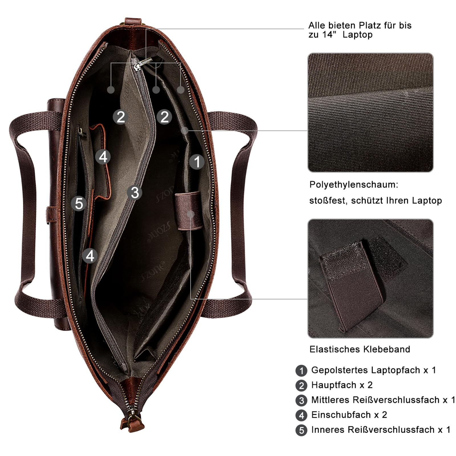 S-ZONE Damen Schultertasche Vintage Echtes Leder Groß Shopper Handtasche Henkeltasche Laptoptasche Arbeit Schule Einkaufen Reise