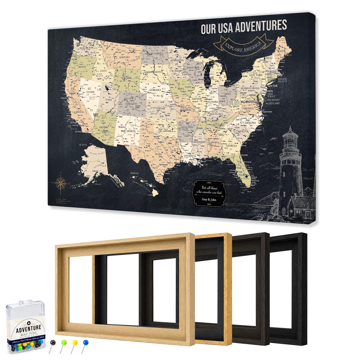 IPIC Personalized Vintage Framed USA Map Pin Board, Image Size 42x28 in