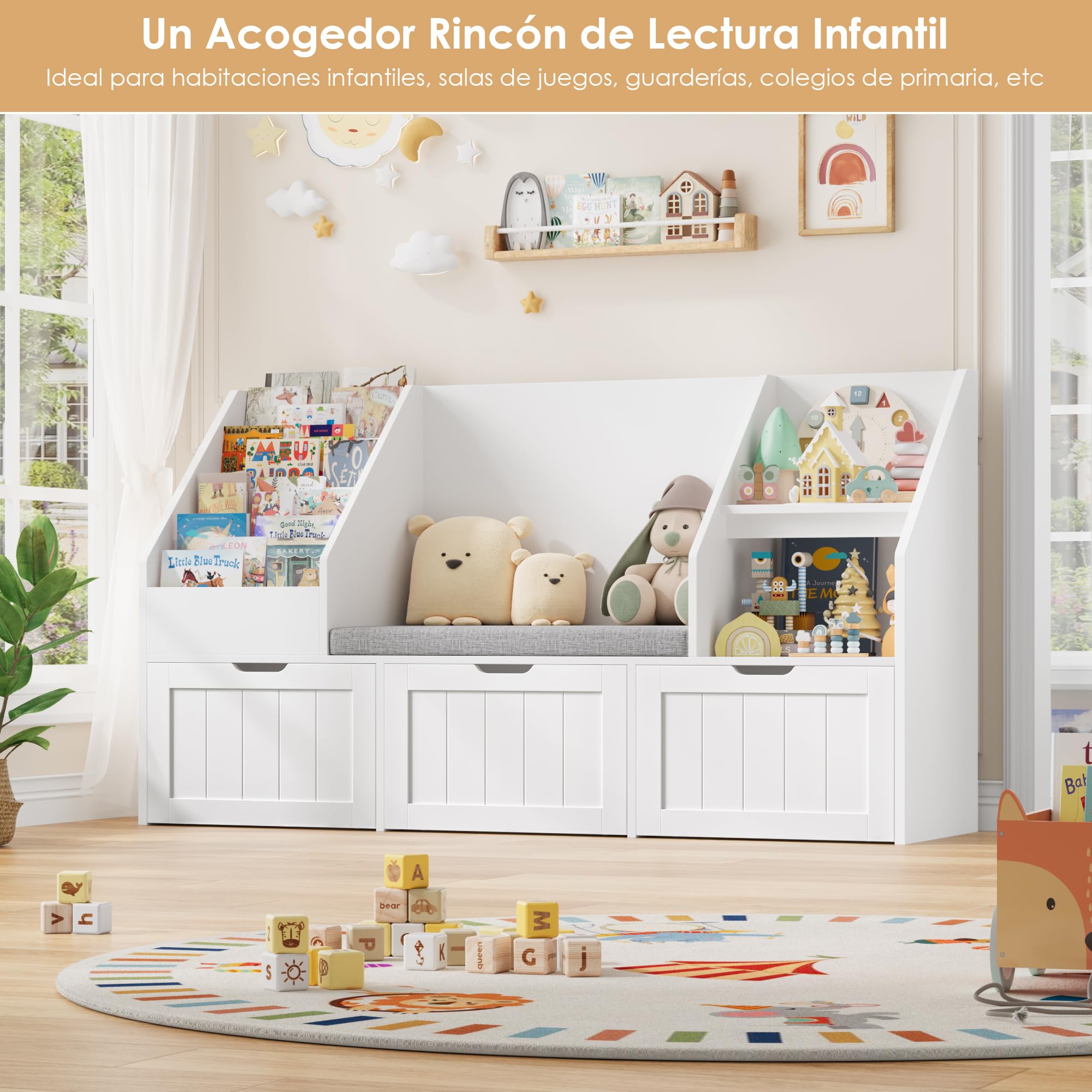FOREHILL 140cmAn. Organizador de Juguetes y Banco Infantil 2 en 1 con Cojín | Mueble Almacenaje Juguetes, Estantería Infantil con Asiento, 3 Cajones con Ruedas para Habitación Infantil Blanco 140x40x80cm