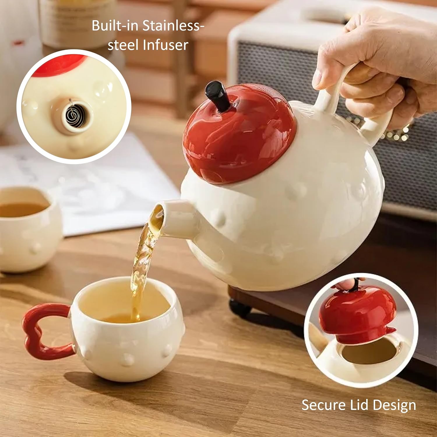 Apple-themed Modern Tea Set, 1 Teapot (28.7oz), 4 Teacups and 1 Tea Tray, Porcelain Tea Set for Adults, Cute Tea Set for Women Tea Party, Gift Package