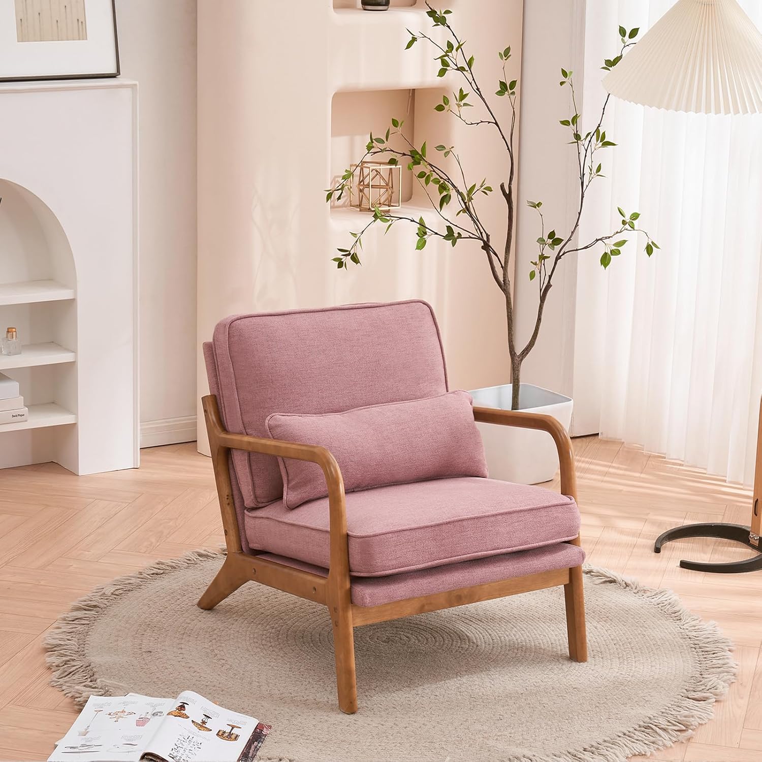 Hommoo Linen Fabric Accent Chair with Arm Mid Century Modern Lounge Reading Chair with Wood Frame Comfy Leisure Chair with Pillow and Cushion for Living Room, Bedroom,Balcony Pink