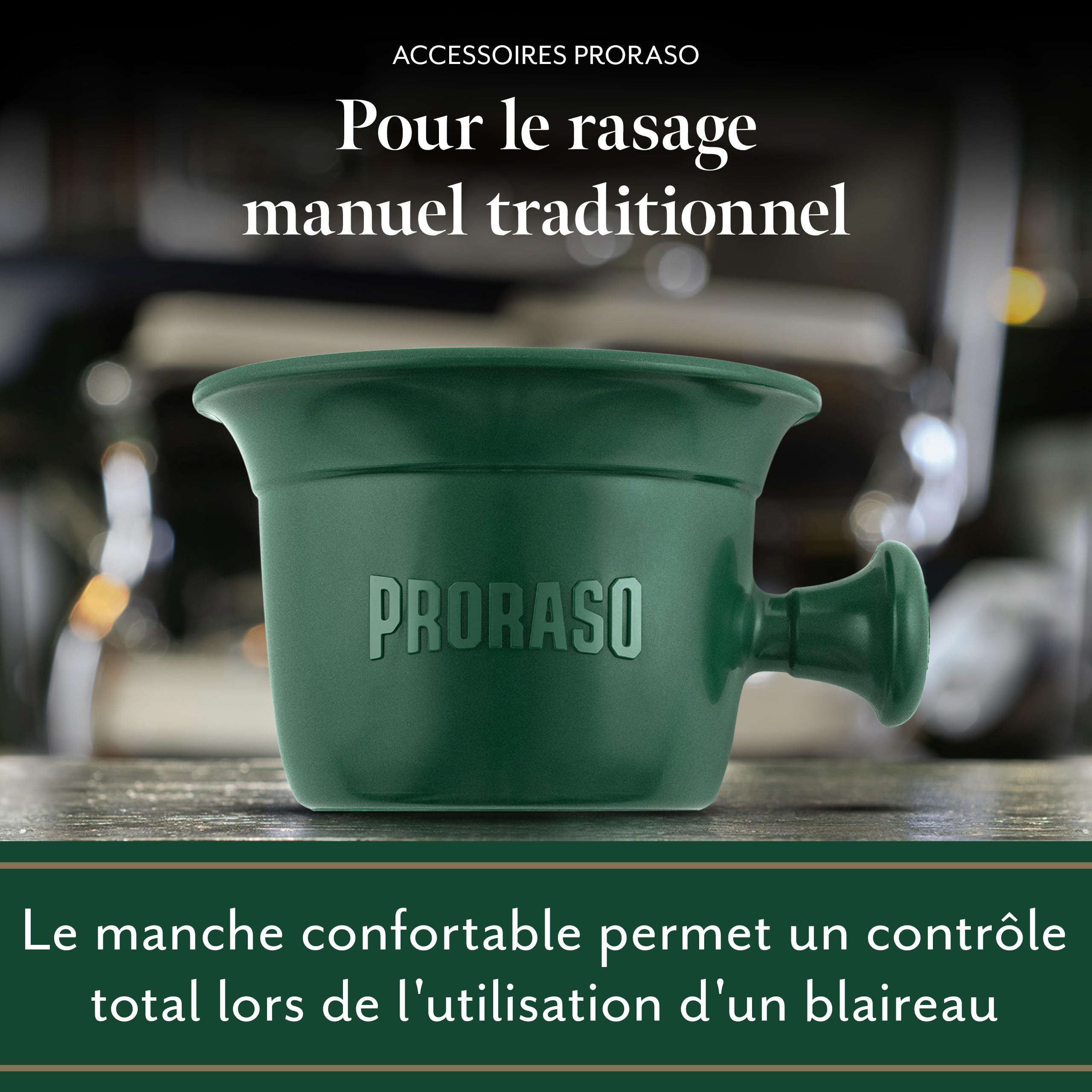 Proraso Bol de rasage professionnel avec poignée – Bol à raser pour savon à barbe – Récipient traditionnel de 300 ml vert foncé – Fabriqué en Italie