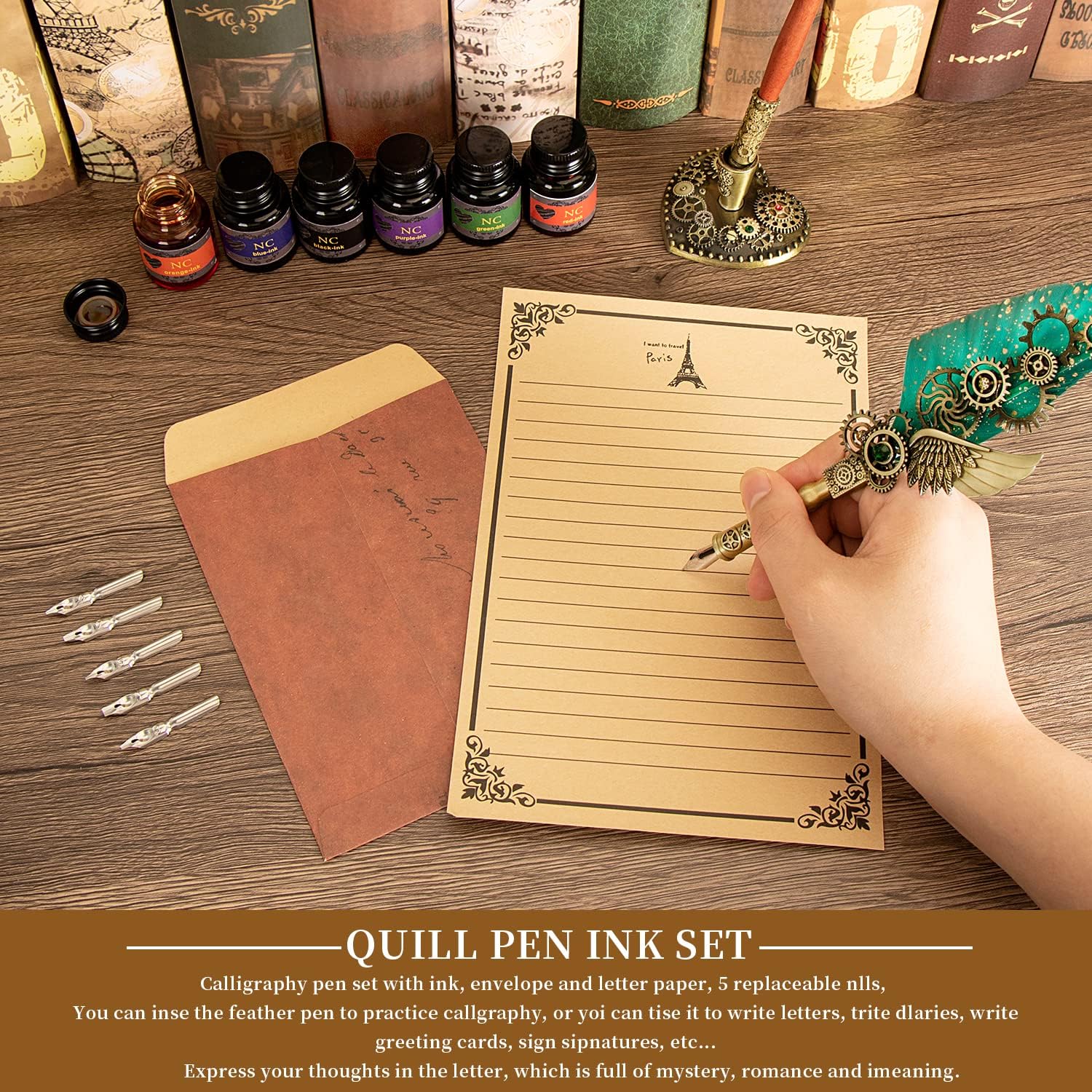 NC Quill Pen and Ink Set, Feather Calligraphy Pen Set, Wax Seal Stamp Set, Valentine's Day Gift for Writing Lovers, Various Holiday Ideal Gift (Green)