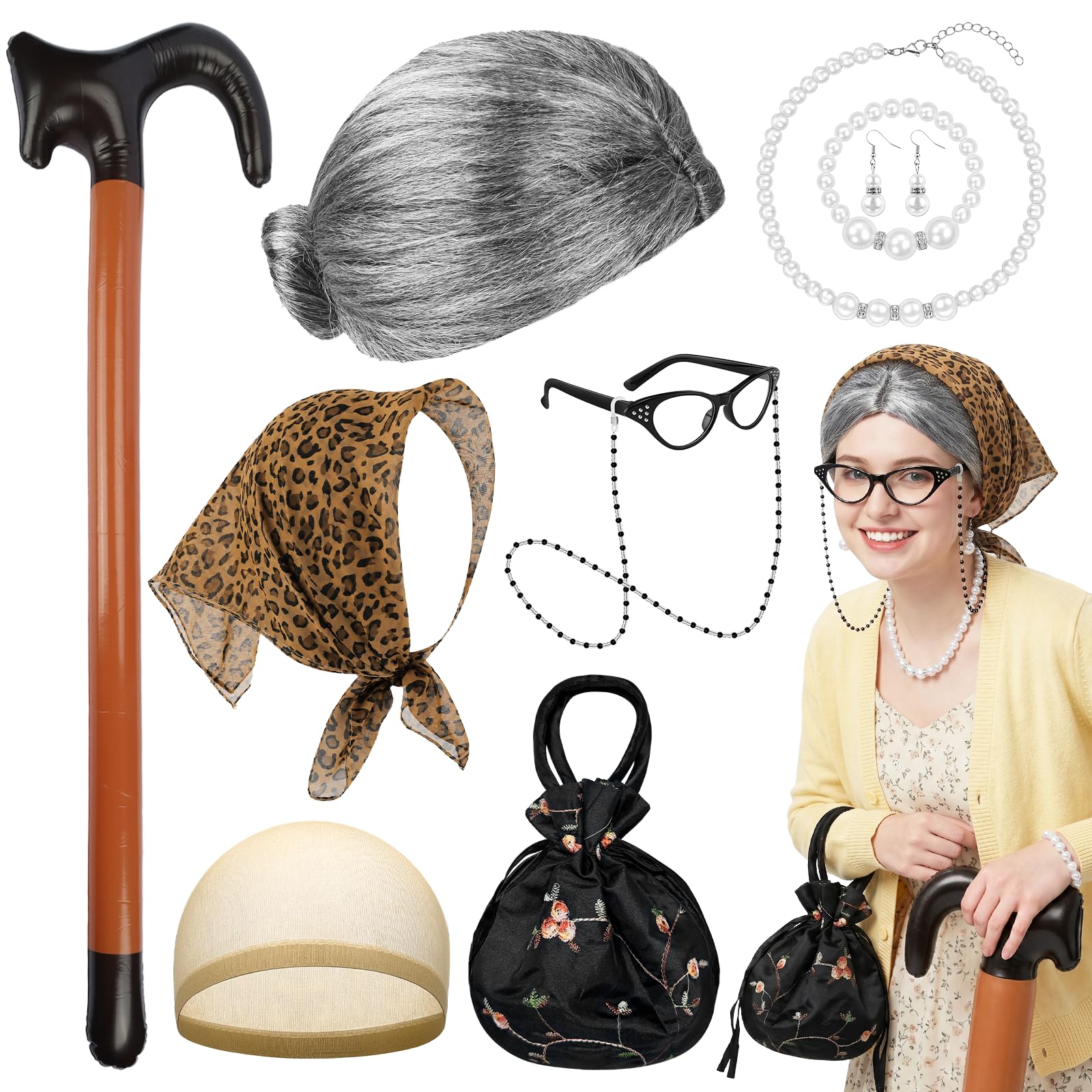 Lrrtdepy 9Pcs Old Lady Grandma Costume, Granny Fancy Dress with Wig Inflatable Cane Leopard Headscarf Glasses with Chain, Pearl Pearl Jewelry Handbag for Halloween Cosplay Themed Parties Dress-up