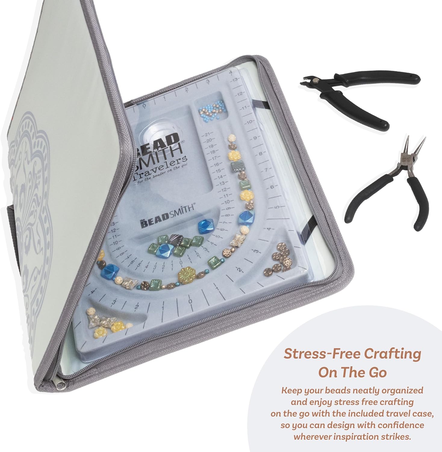 The Beadsmith Bead Folio Kit – Basic Elements – 28” U Channel Bead Board with Lid, Zippered Storage Case & 4-Piece Plier Set– Keep Your Designs, Beads & Tools Secure – Jewelry Making Supplies