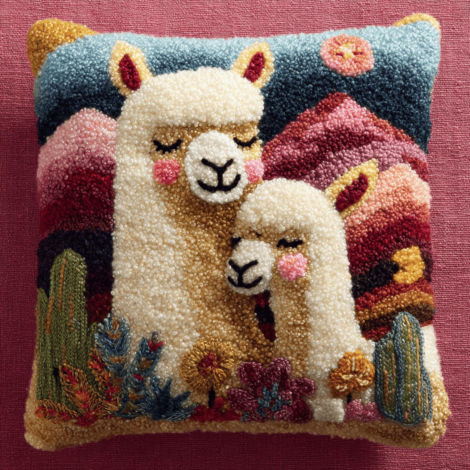 kitphoenix Latch Hook Cushion Kit with Pre-Cut Yarn,Printed Canvas,Crochet Hook and Instructions,Alpaca Mother and Child,DIY Cushion Making Craft Kit 43x43 cm for Beginners,Adults,Home Decoration
