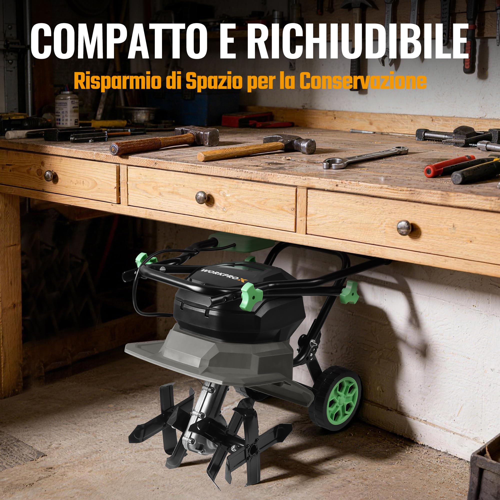 WORKPROX Motozappa Elettrica Senza Fili 40V, Lavoro 30 cm x 20 cm, doppia Batteria 4000 mAh, Manubrio Pieghevole, Ruote Regolabili in 4 Posizioni - Compatta e Silenziosa per Giardino, Orto e Frutteto