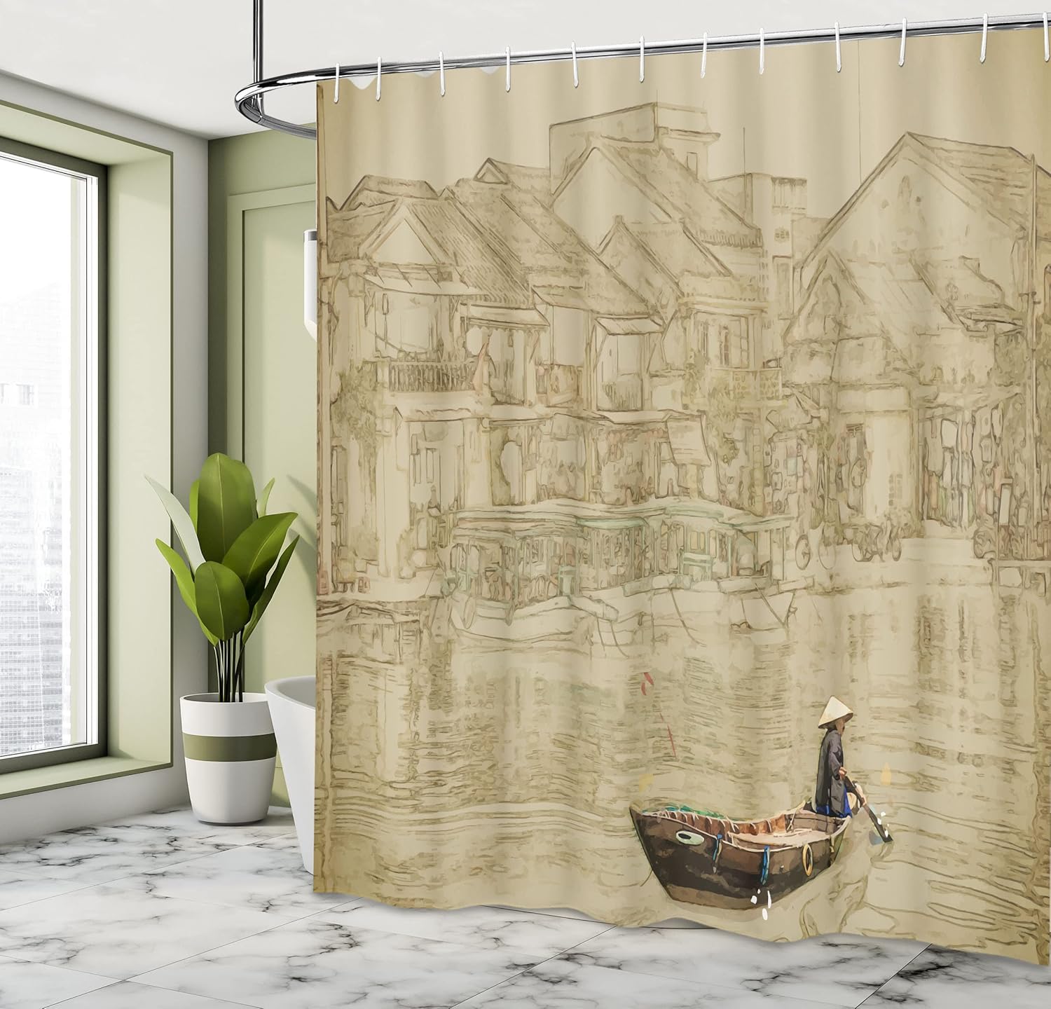 Ambesonne Vintage Boat Shower Curtain, Vietnam Scenery with a Traditional Ship Sailing on River Culture View, Cloth Fabric Bathroom Decor Set with Hooks, 69" W x 70" L, Sepia Beige