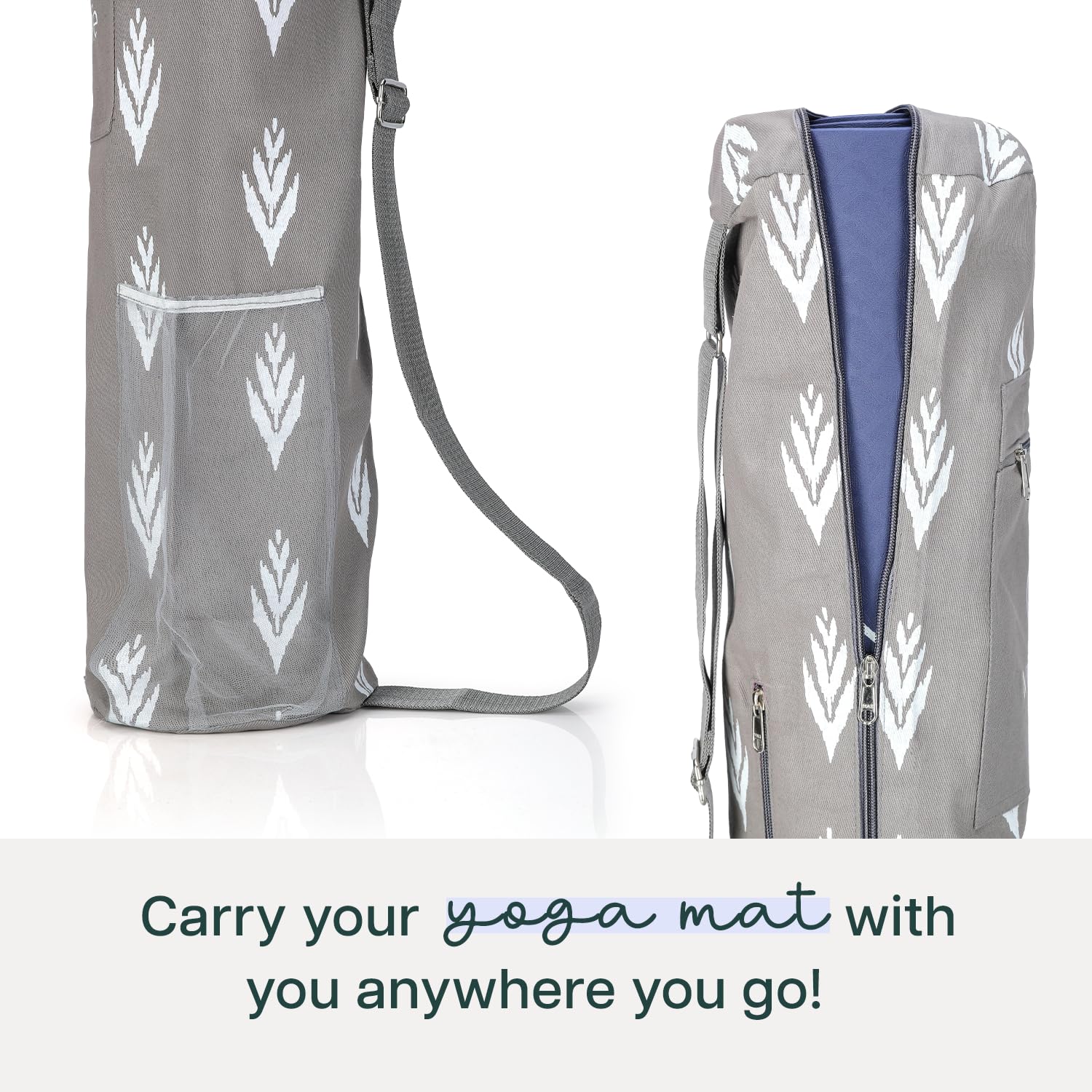 Wiselife Yoga Mat Bag Premium Carry Bag, Full Easy Access Zip, Multi Functional Storage Pockets & Adjustable Shoulder Strap (Grey Ikkat) 3