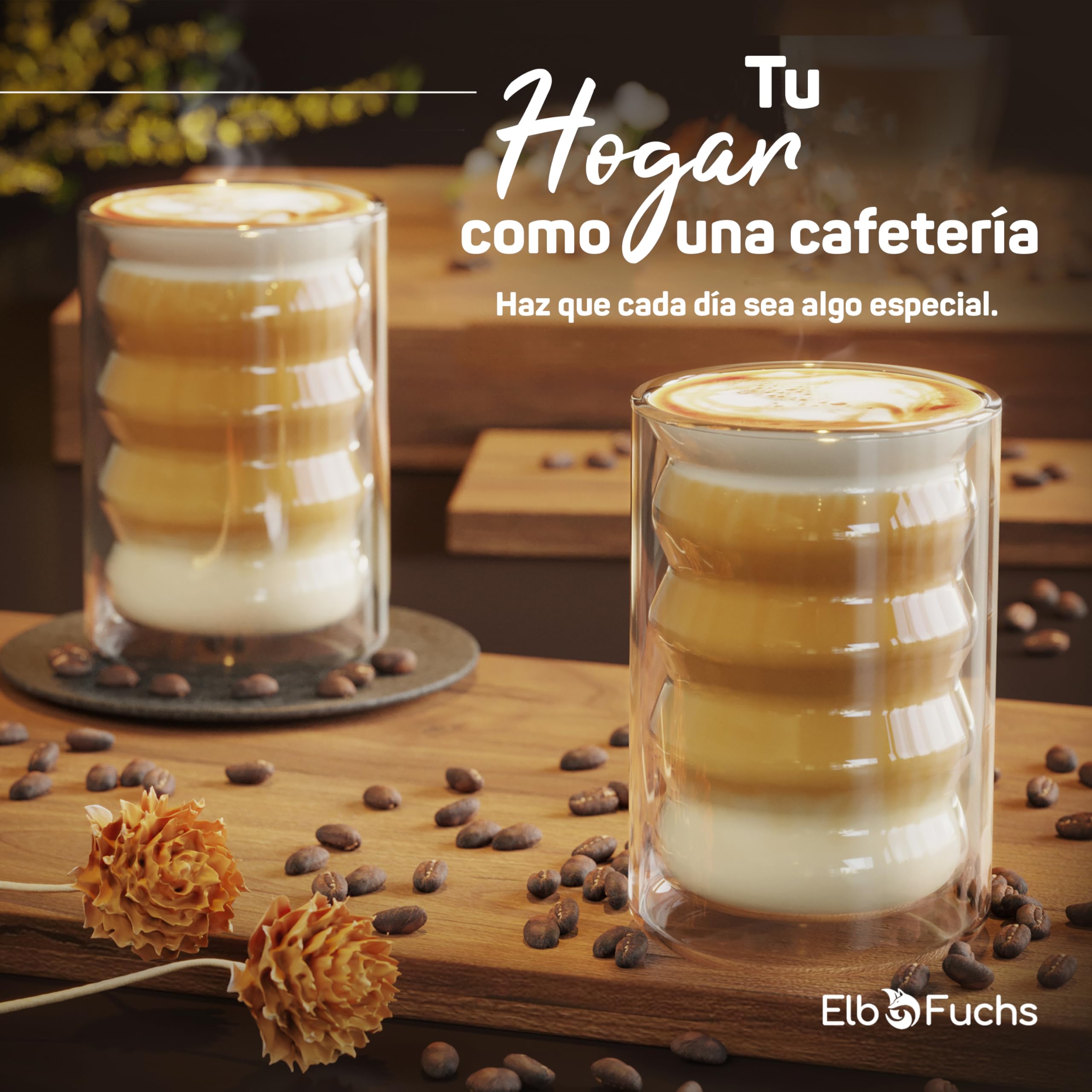 ElbFuchs® Vasos de cristal de doble pared Latte Macchiato [4×400 ml] vasos térmicos transparentes con cucharillas – para cappuccino, café & té