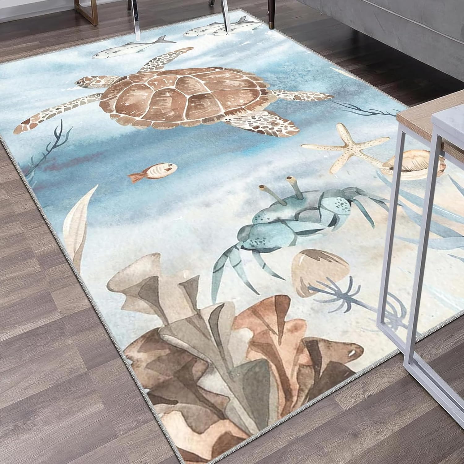 Coastal Beach Sea Turtles Area Rug, Nautical Ocean Coral Rug Non-Slip Floor Rug Carpets Door Mat Washable Area Rugs for Laundry Bedroom Living Room Kitchen,5x7