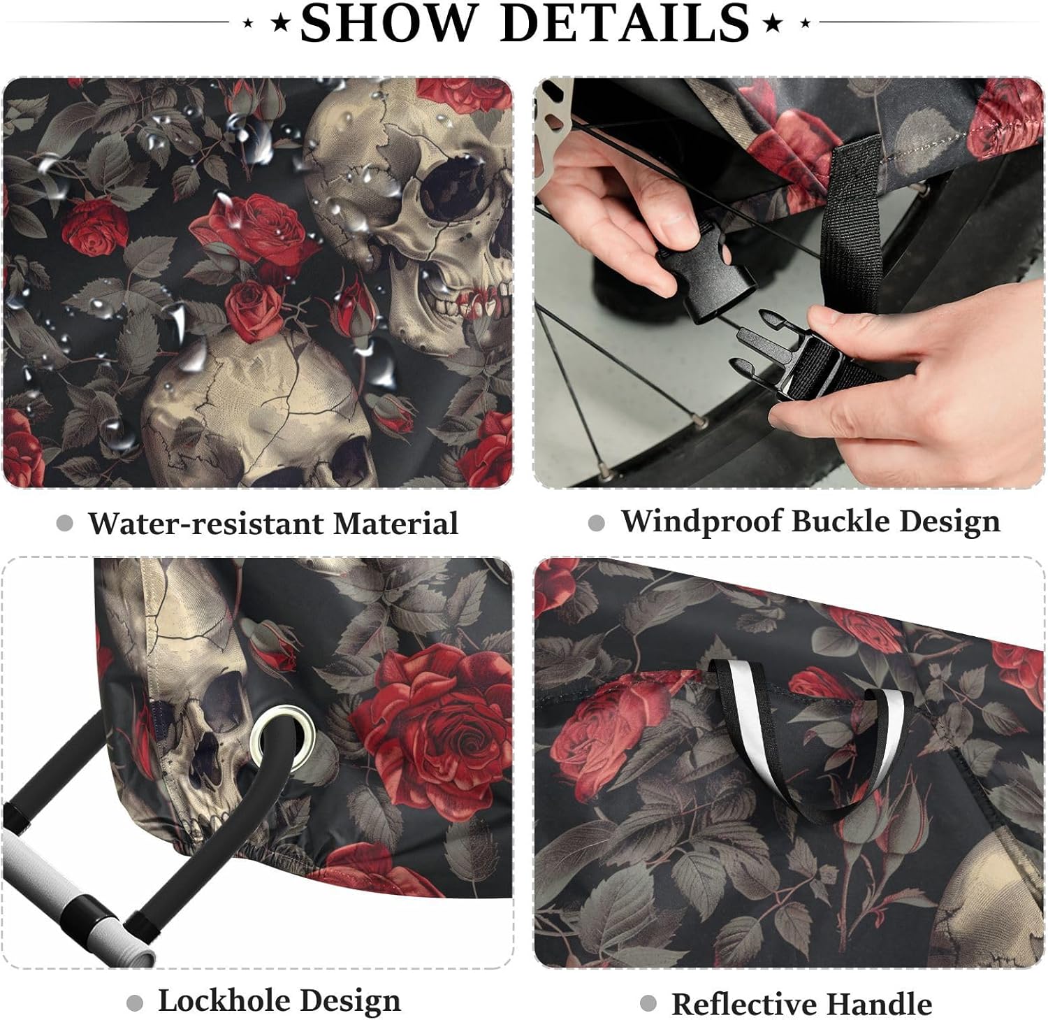 ALAZA Skull Red Rose Flower Floral Bike Cover Waterproof Outdoor Ebike Bicycle Covers Tarp Protection for 1/2 Bikes, Sun UV Dust Wind Proof