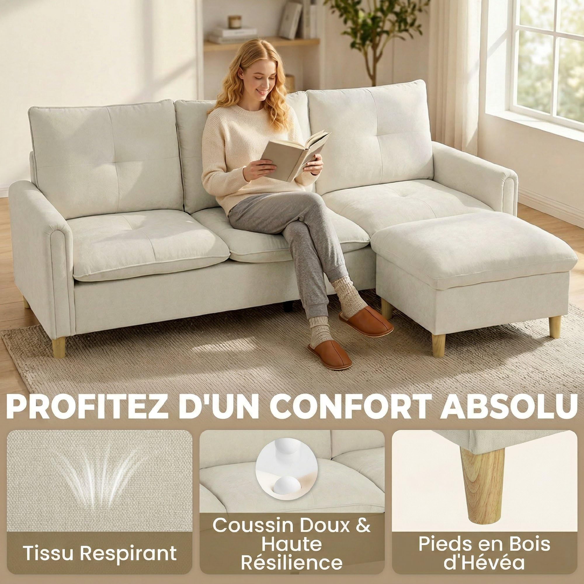HOMCOM Divano a 3 posti con pouf portaoggetti divano angolare modulabile 210 cm moderno seduta ampia imbottita cuscini a molla, tessuto effetto lino, gambe in legno di albero della gomma, per | Ottomano di stoccaggio