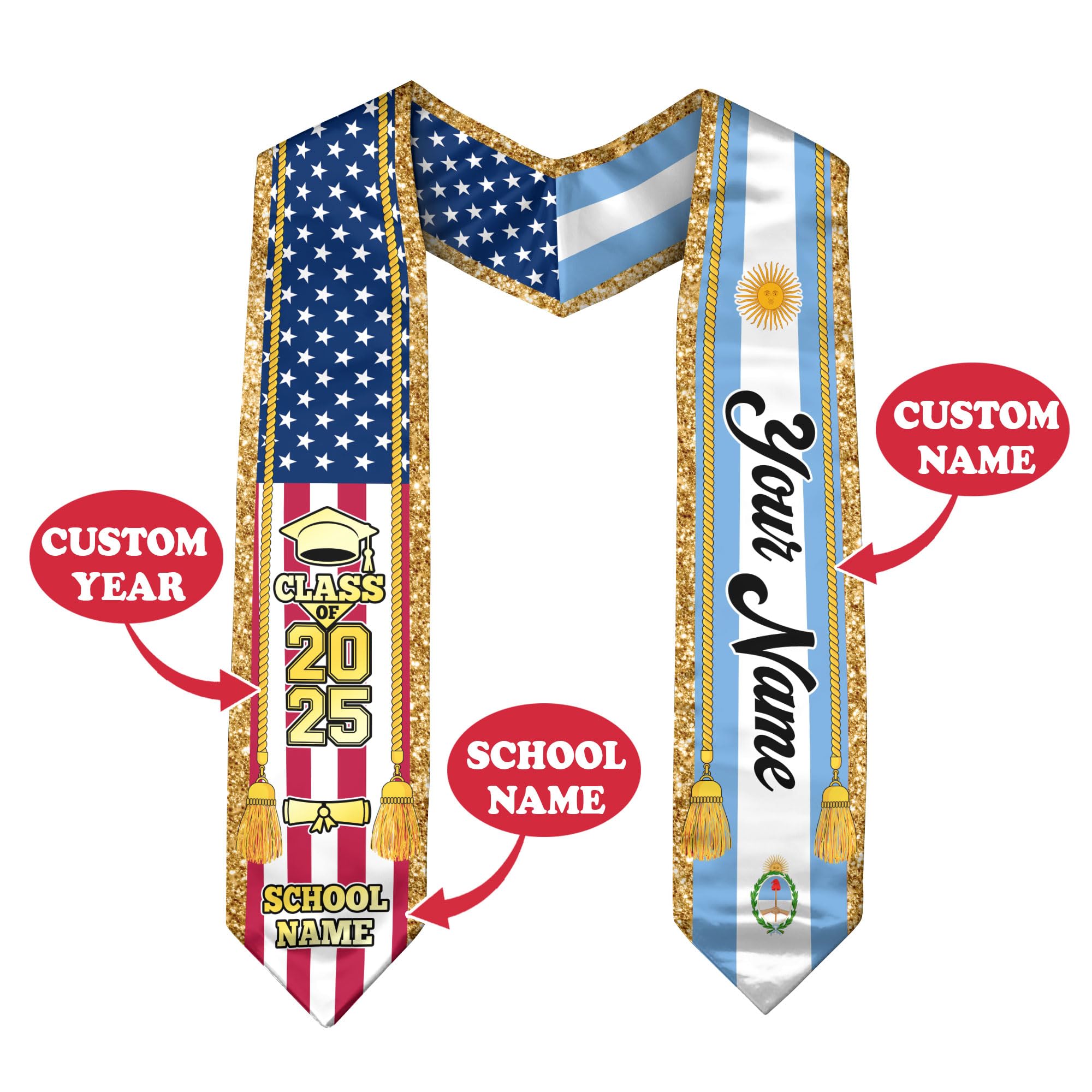 Argentines Graduation Sash, Custom Argentines American Flag Graduation Sash 2025, Argentina Graduation Stole 1