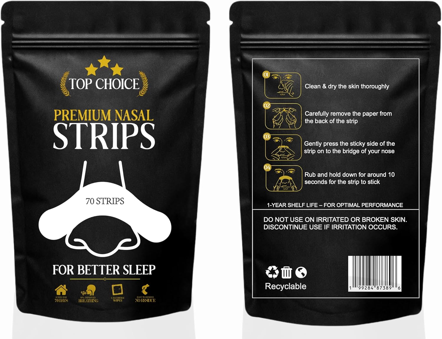 TopChoice Nasal Strips for Comfortable Breathing During Sleep & Rest, Drug-Free Nose Strips, 70 Count + 4 Alcohol Prep Wipes – Proudly USA Brand - Image 2