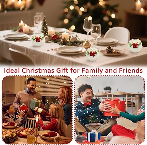 Miniatura 6 de Juego de 6 portavelas votivas de Navidad con hojas de pino nevadas y bayas rojas, candelabros de cristal de Navidad para decoración de mesa de