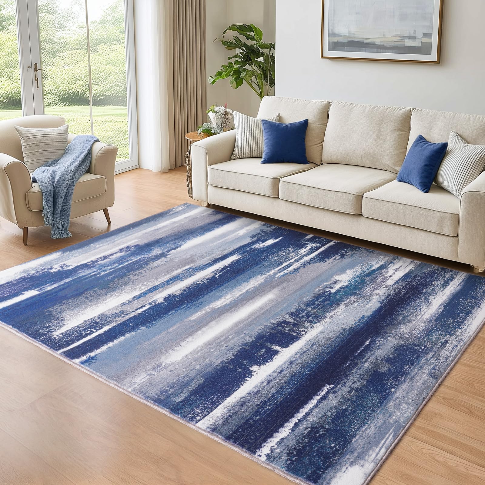 Washable Rugs for Bedroom 120x160cm Blue Grey Modern Abstract Carpet