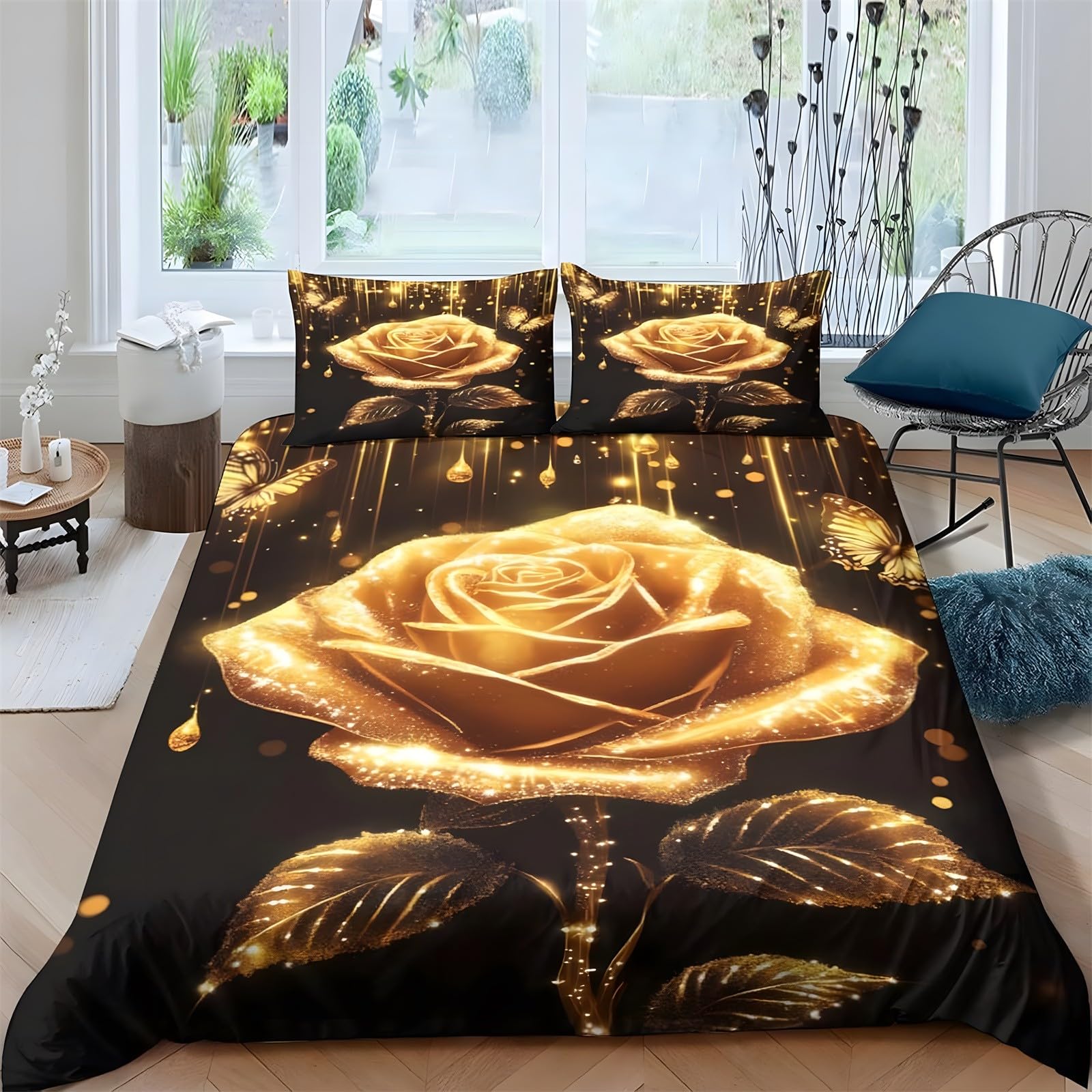 Ypthriline Double Bedding Set Rose Bedding Set Microfiber Gold Duvet Covers with Pillowcases Reversible Bedding With Zipper Closure 200x200CM