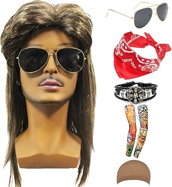 70s 80s 90s Mens Disco Halloween Rock Star Heavy Metal Wig Set Packet of 6 Set-2