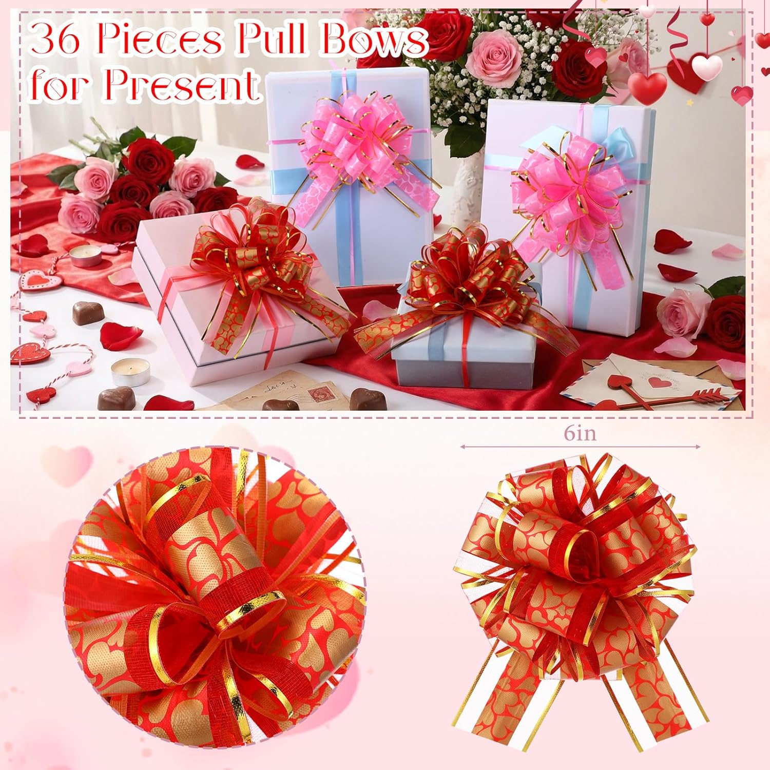 Poen 36 Pcs Valentines Day Pull Bows for Gift Wrapping 6 Inch Large Heart Ribbon Gifts Bows for DIY Crafts Wedding Baskets Valentines Easter Holiday Birthday Party Decoration(Pink and Red) - Image 2