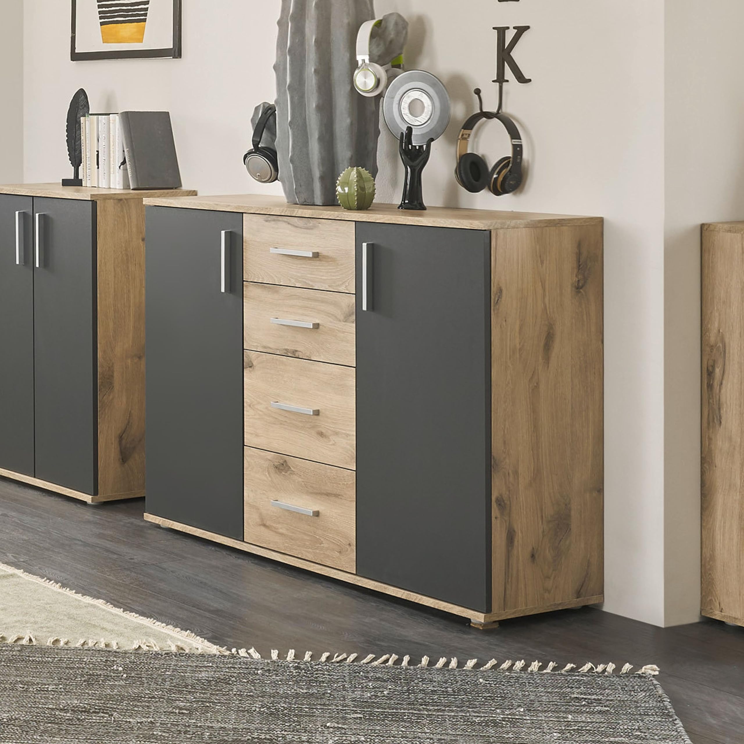 BC 1040 Sideboard Kommode mit Schubladen Stauraum in Grau Viking Oak Optik