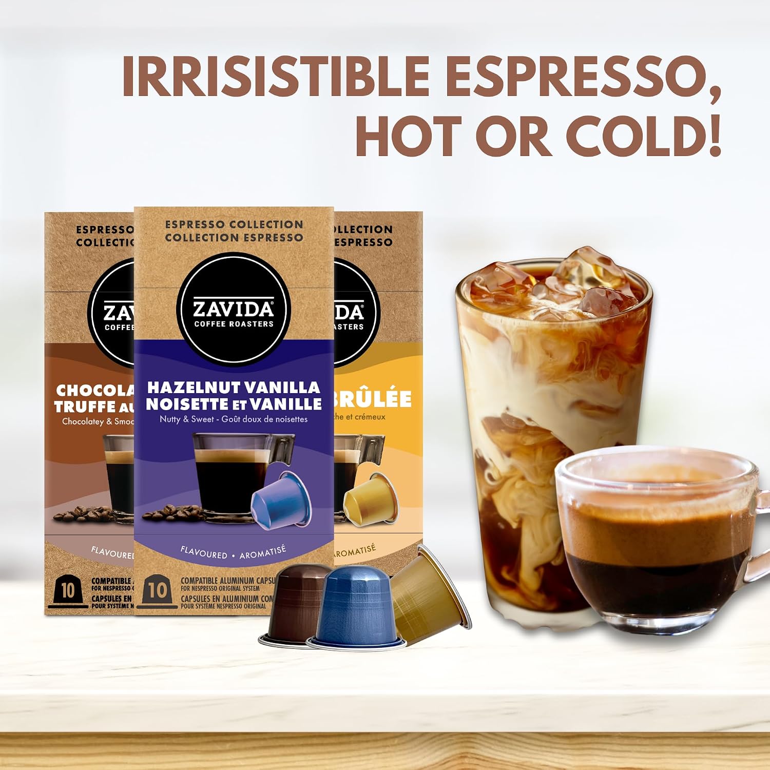 Zavida Flavored Espresso Single Serve Capsule Variety Pack, Hazelnut Vanilla, Creme Brulee & Chocolate Truffle, 5 g, 6 x 10 pack, (60 count)