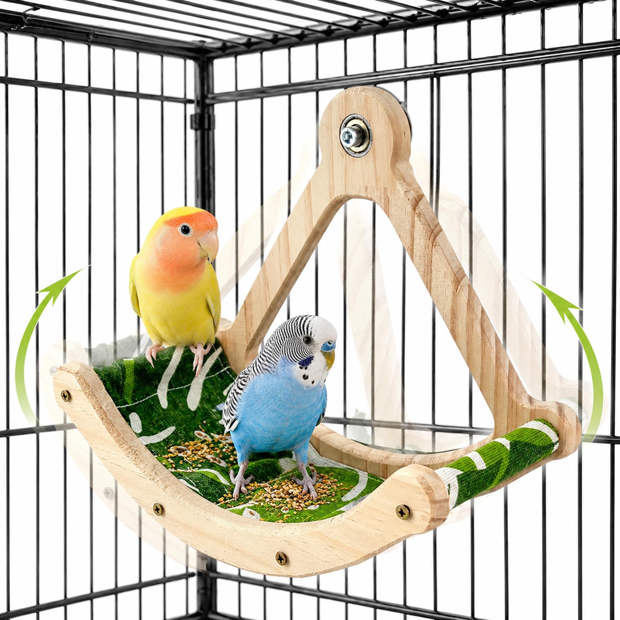 Photo 1 of FlidRunest Upgrade Bird Perch Toy with Hammock, Interactive Rocking Parakeet Foraging Toys Green Fabric Mat Hammock, Wooden Exercise Wheel Birds Enrichment Toy Cage Accessories for Budgies Conure