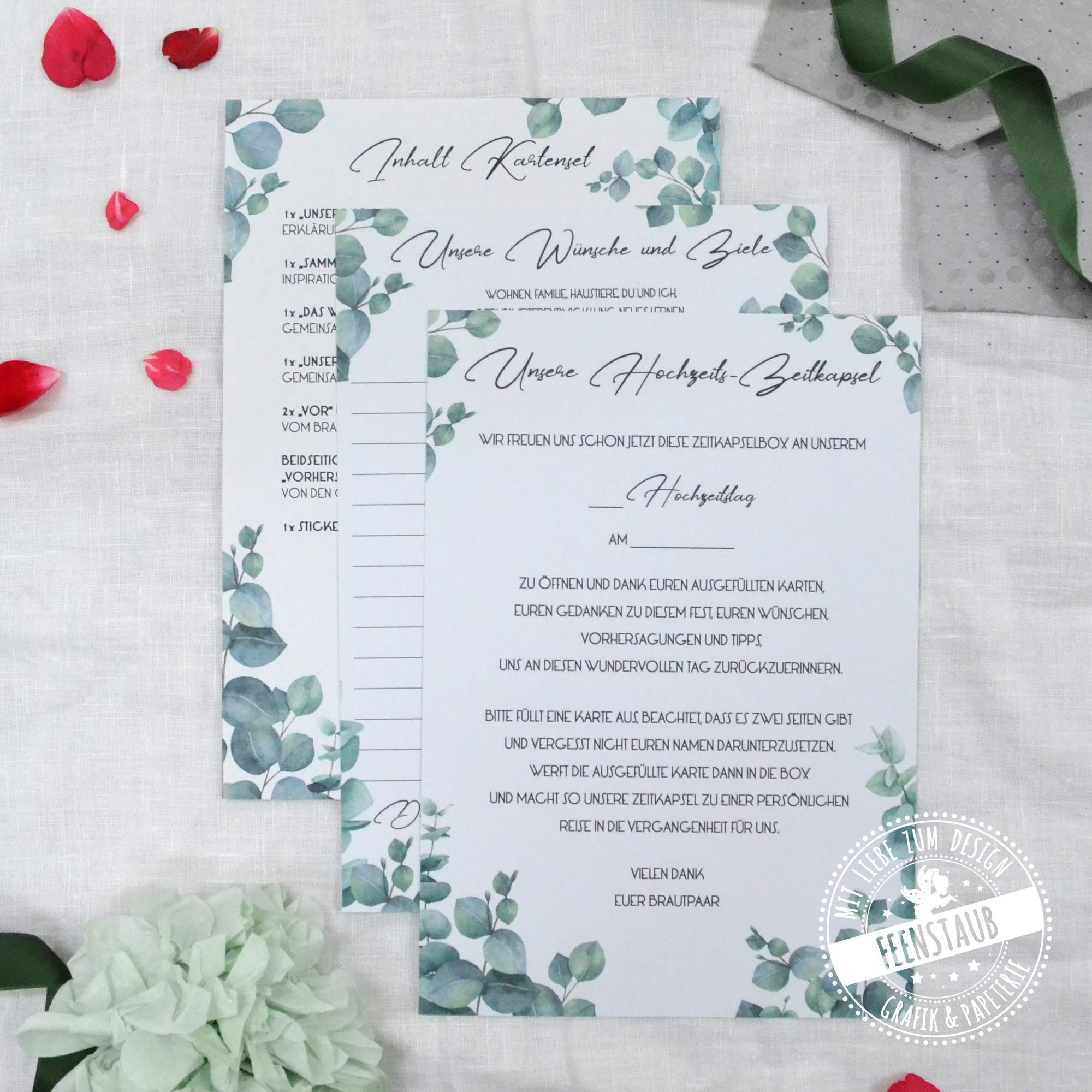 Feenstaub Zeitkapsel-Box Hochzeit mit Karten zum Ausfüllen für Gäste und Brautpaar, Geschenk, personalisierbare Box, Zeitkapsel Hochzeit, Gästekarten Hochzeit, Zeitkapsel Karten Hochzeit Eukalyptus