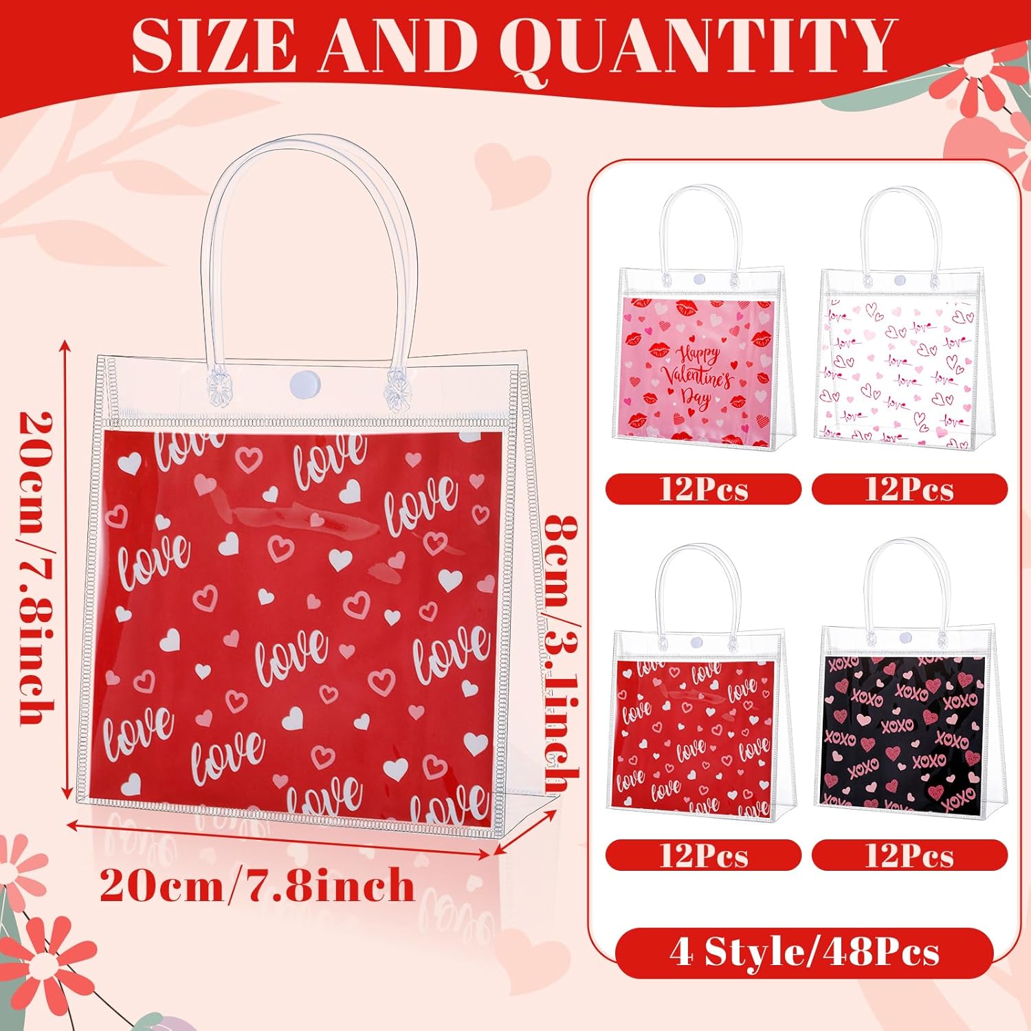 FOGWOWO 48 Pcs Valentine Gift Bags Valentines Clear Bags Plastic PVC Valentine's Day Heart Gift Bags with Button Handles Valentine Candy Goodie Bag for Wedding Holiday Party Wrapping Supplies Valentines Gift Bags