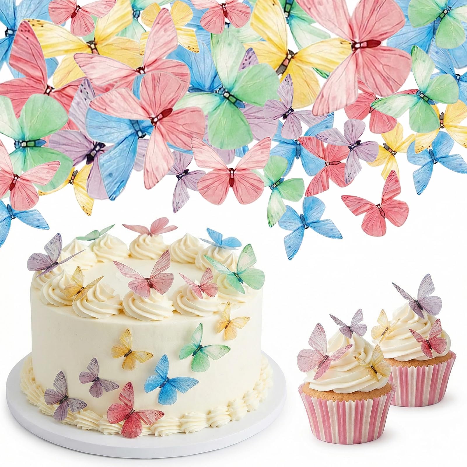 72 Pcs Edible Butterfly Cupcake Toppers 3D Glutinous Rice Paper Butterflies, Mixed Size Cake Decorations