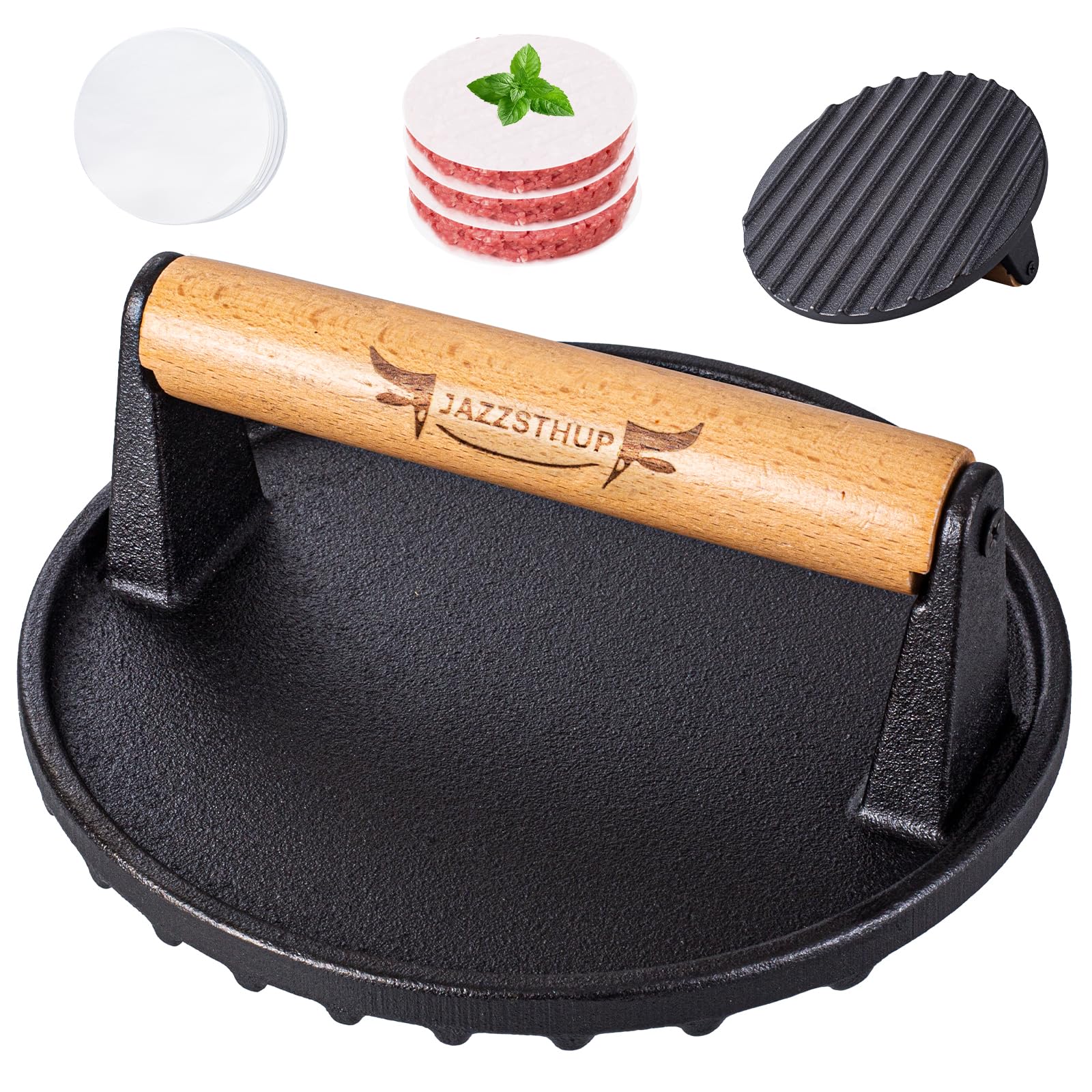 Smash Burger Press, 6.88" Round Bacon Press with Wood Handle, Perfect Hamburger Press Patty Maker, Food-Grade Cast Iron Burger Smasher for Griddle incl. 20Pcs Patty Paper