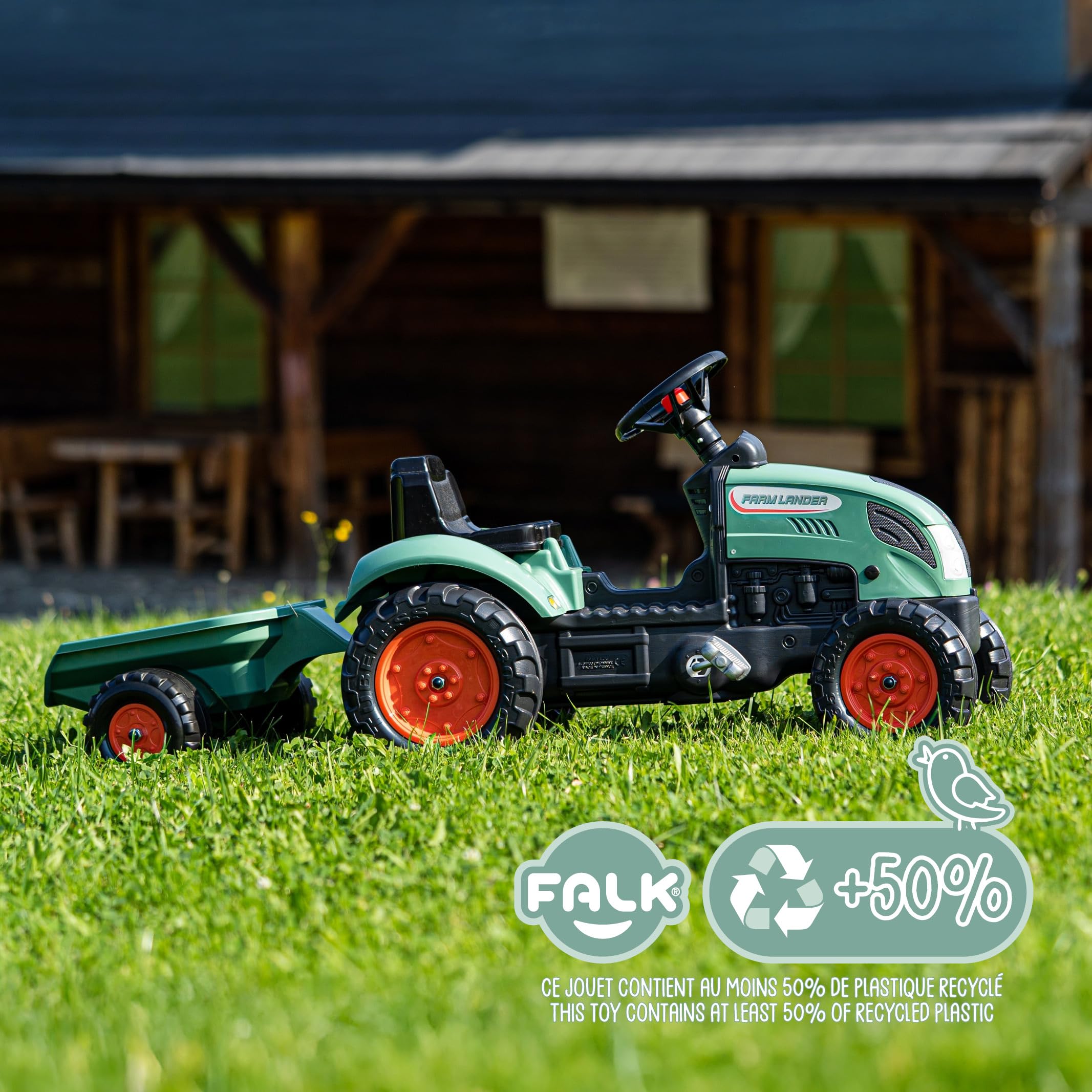 FALK - Trattore a pedali Farm Lander con rimorchio - Da 2 Anni - 50% plastica riciclata - Made in France - Volante con clacson - 2054L, verde scuro